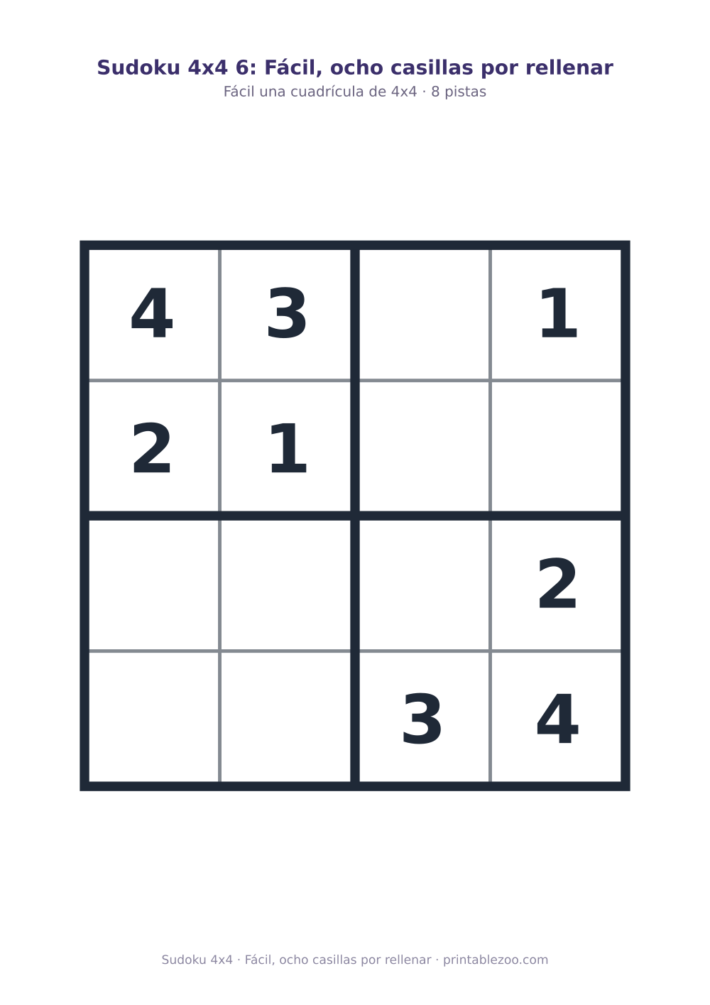 Sudoku 4x4 para imprimir con 8 pistas, fácil, ocho casillas por rellenar