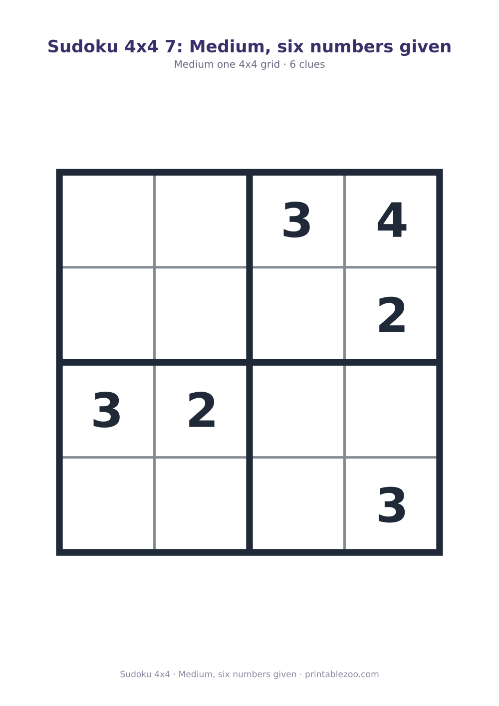 Printable 4x4 sudoku with 6 clues, medium, six numbers given