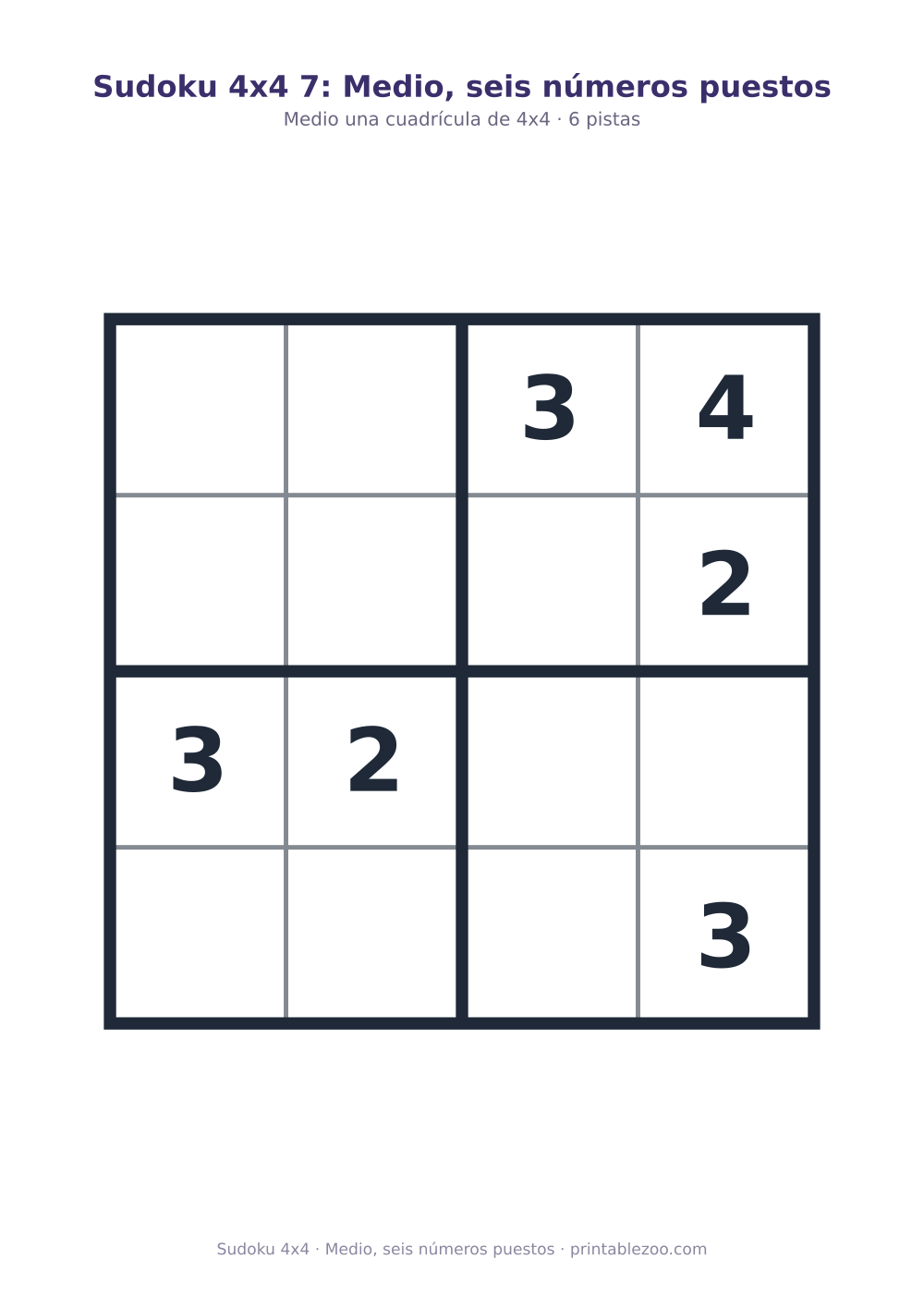 Sudoku 4x4 para imprimir con 6 pistas, medio, seis números puestos