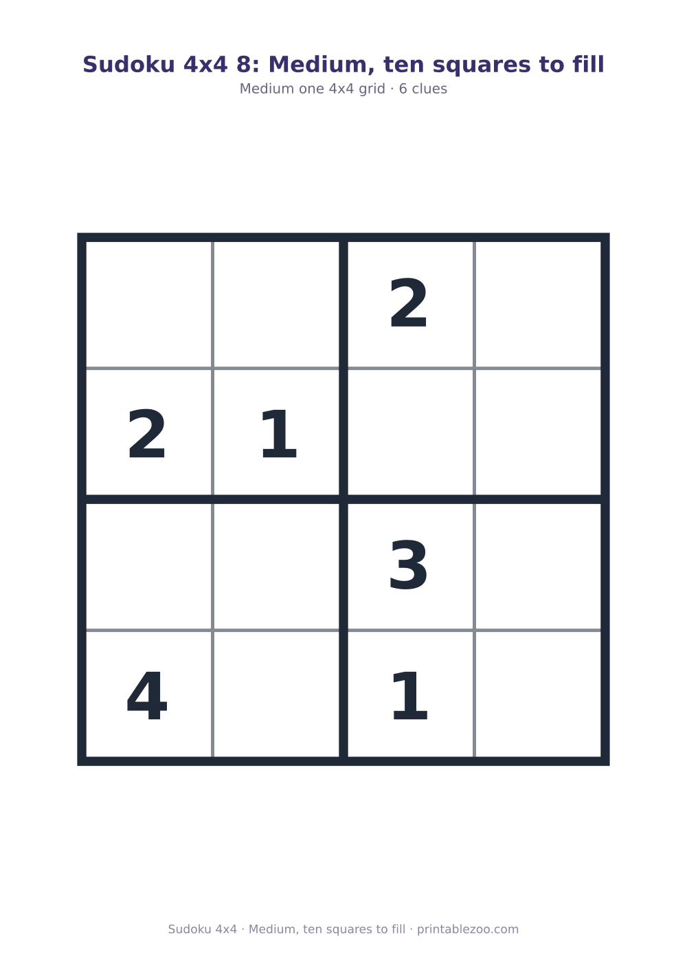 Printable 4x4 sudoku with 6 clues, medium, ten squares to fill