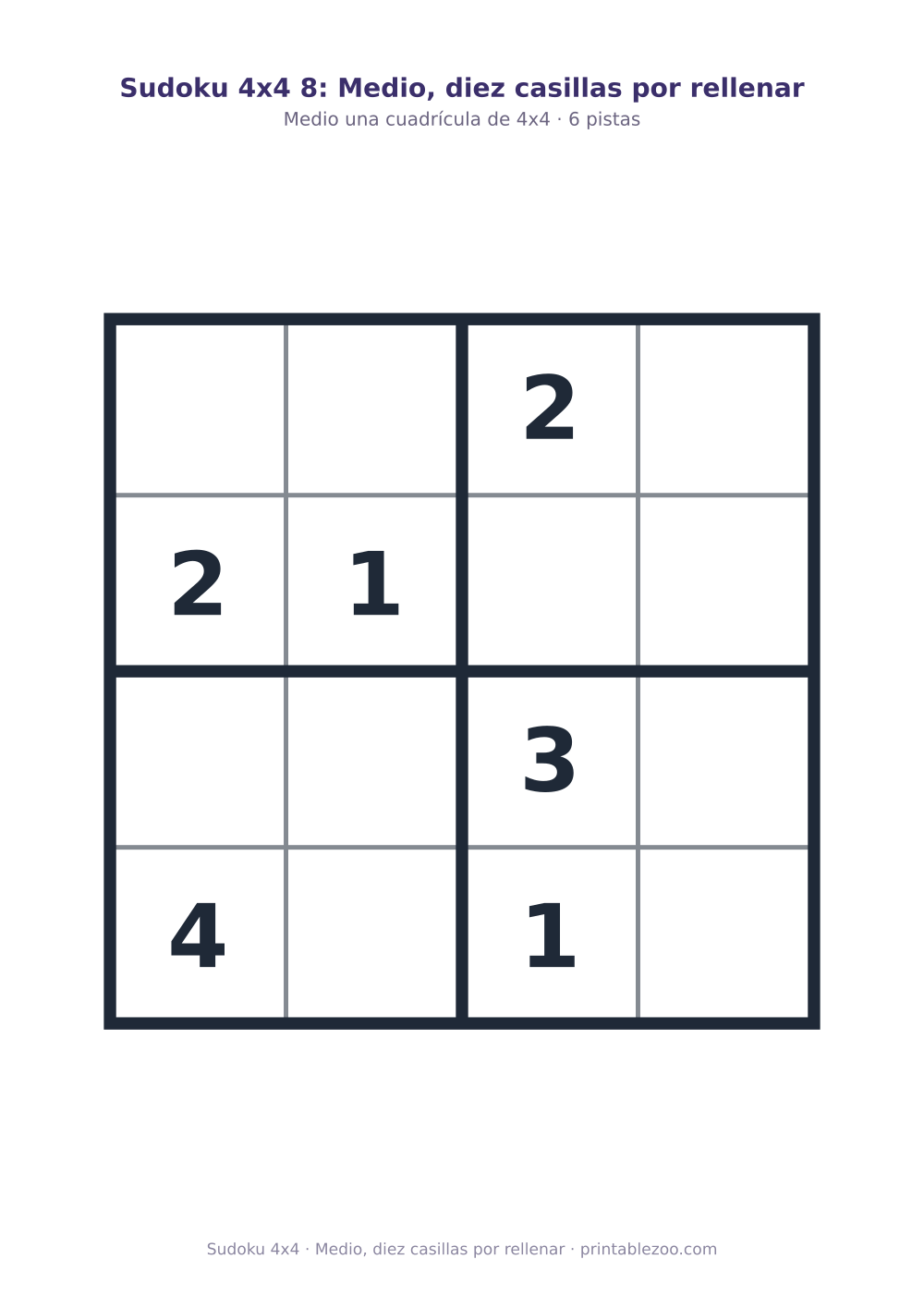 Sudoku 4x4 para imprimir con 6 pistas, medio, diez casillas por rellenar