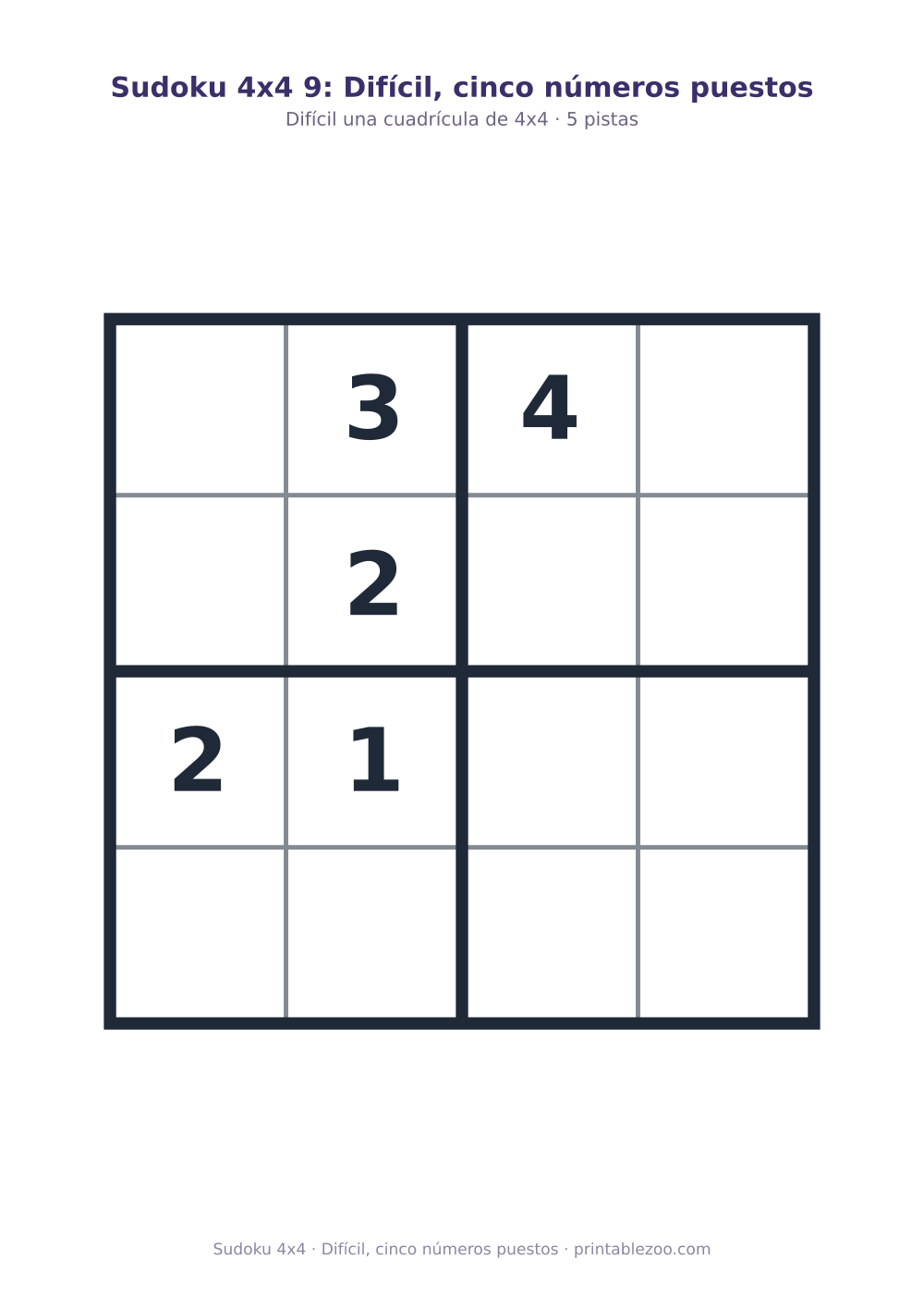 Sudoku 4x4 para imprimir con 5 pistas, difícil, cinco números puestos