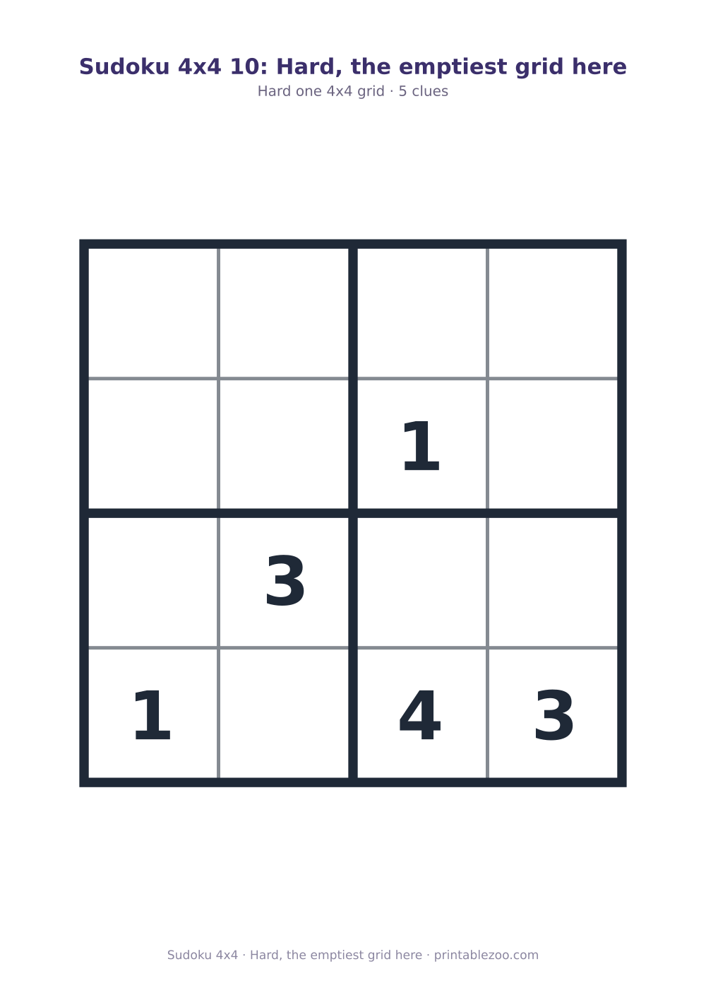Printable 4x4 sudoku with 5 clues, hard, the emptiest grid here