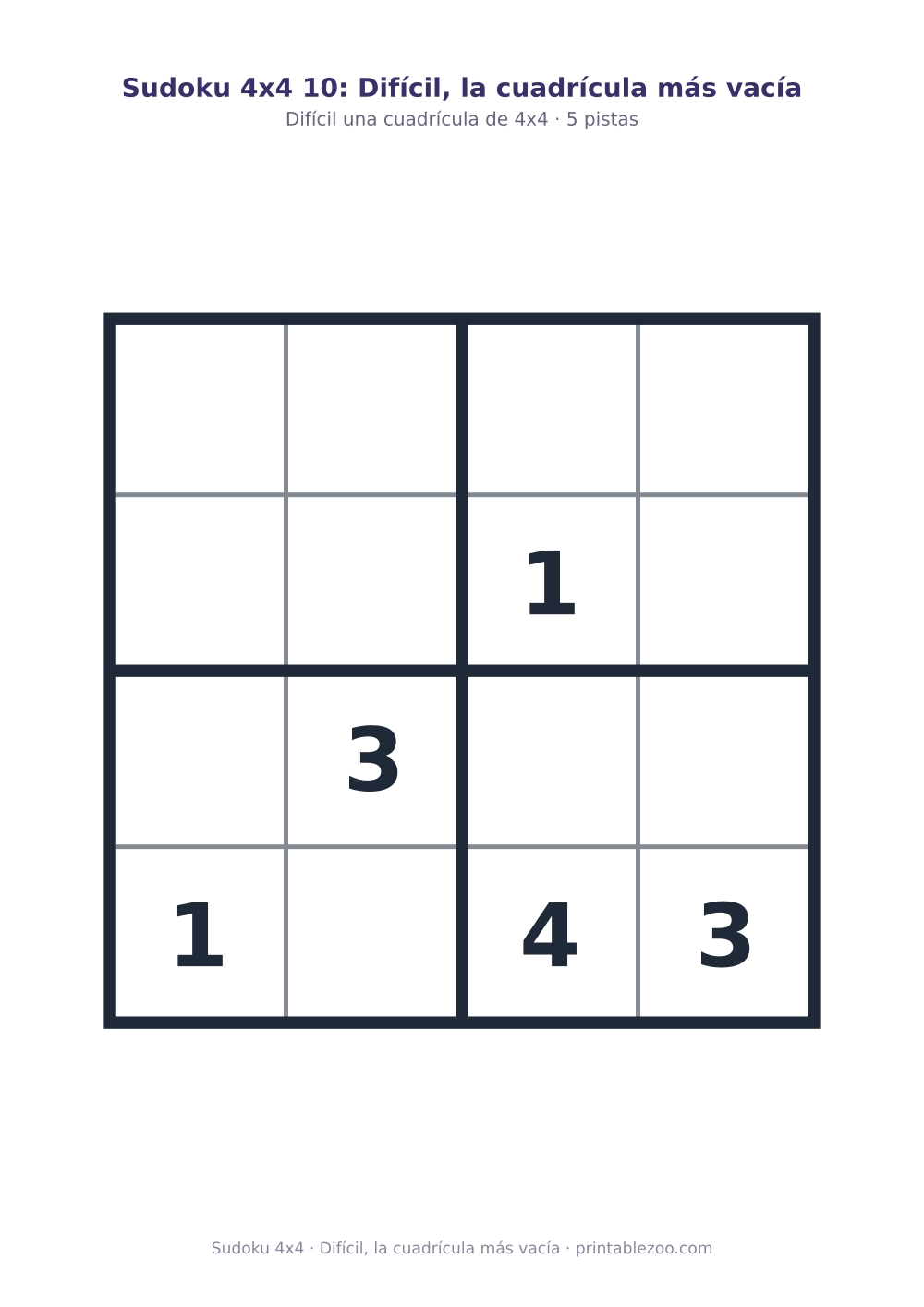 Sudoku 4x4 para imprimir con 5 pistas, difícil, la cuadrícula más vacía