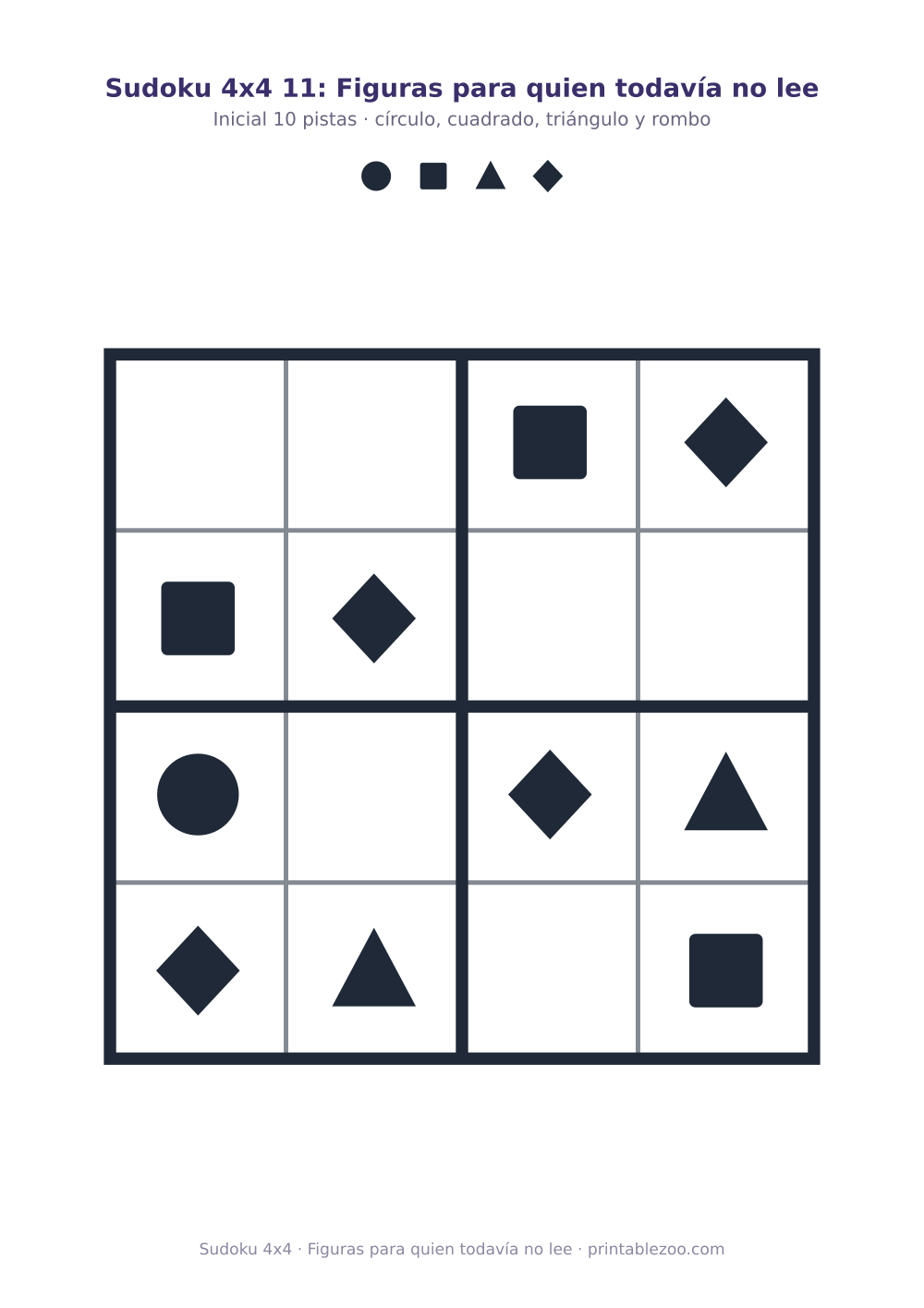 Sudoku 4x4 para imprimir con círculo, cuadrado, triángulo y rombo, figuras para quien todavía no lee