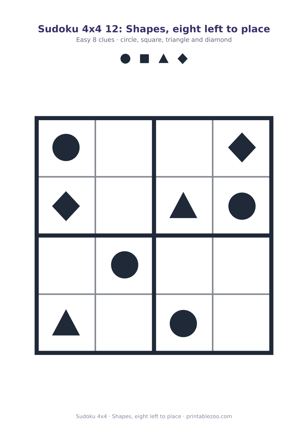 Printable 4x4 sudoku using circle, square, triangle and diamond, shapes, eight left to place