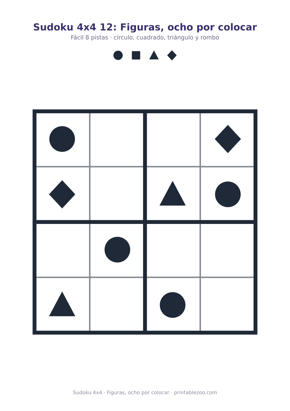 Sudoku 4x4 para imprimir con círculo, cuadrado, triángulo y rombo, figuras, ocho por colocar