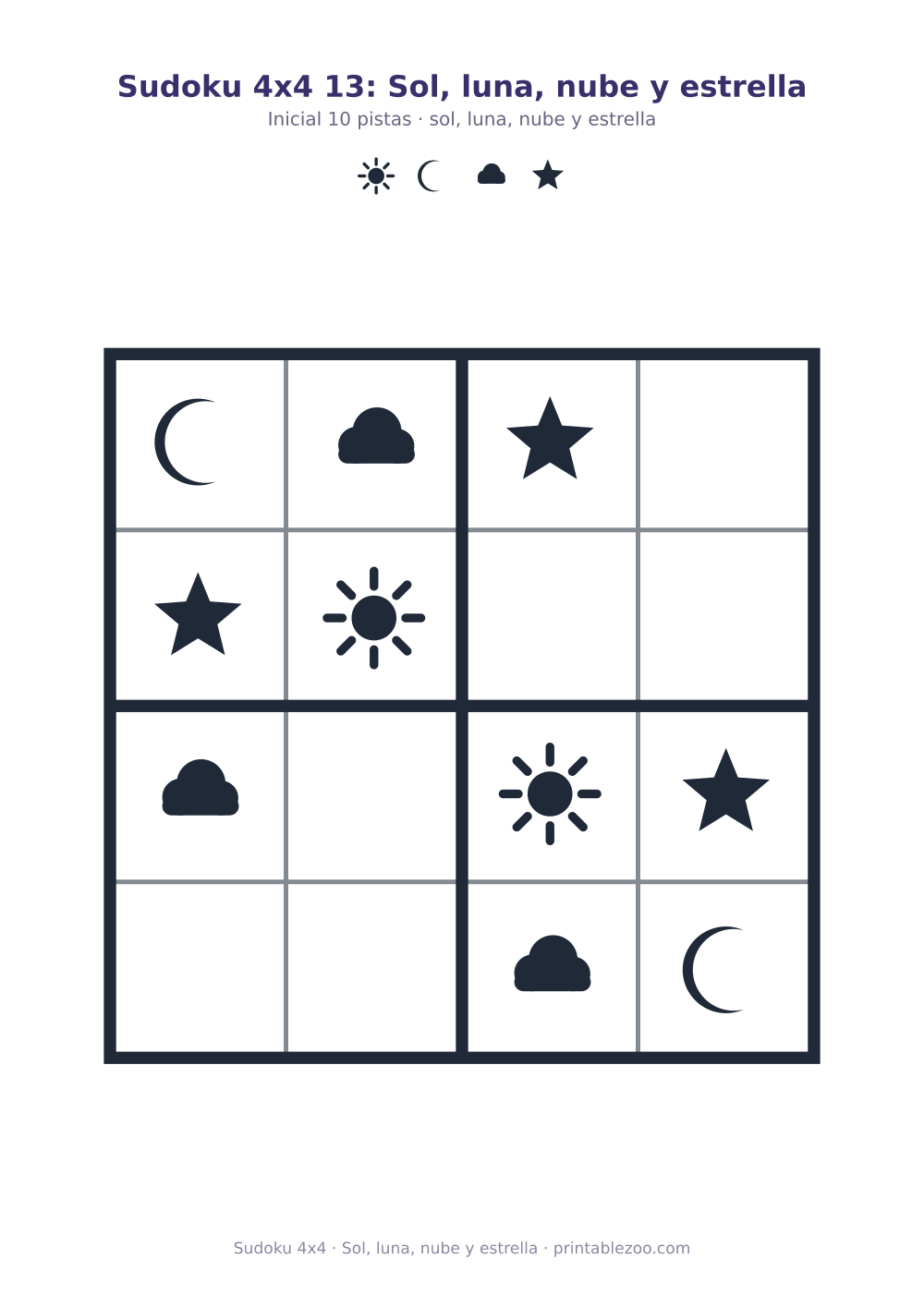 Sudoku 4x4 para imprimir con sol, luna, nube y estrella, sol, luna, nube y estrella