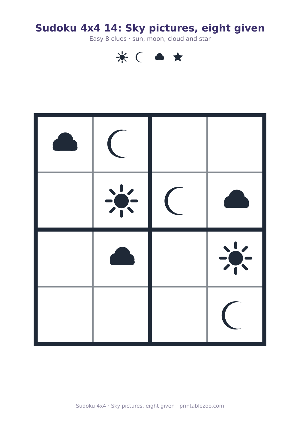 Printable 4x4 sudoku using sun, moon, cloud and star, sky pictures, eight given