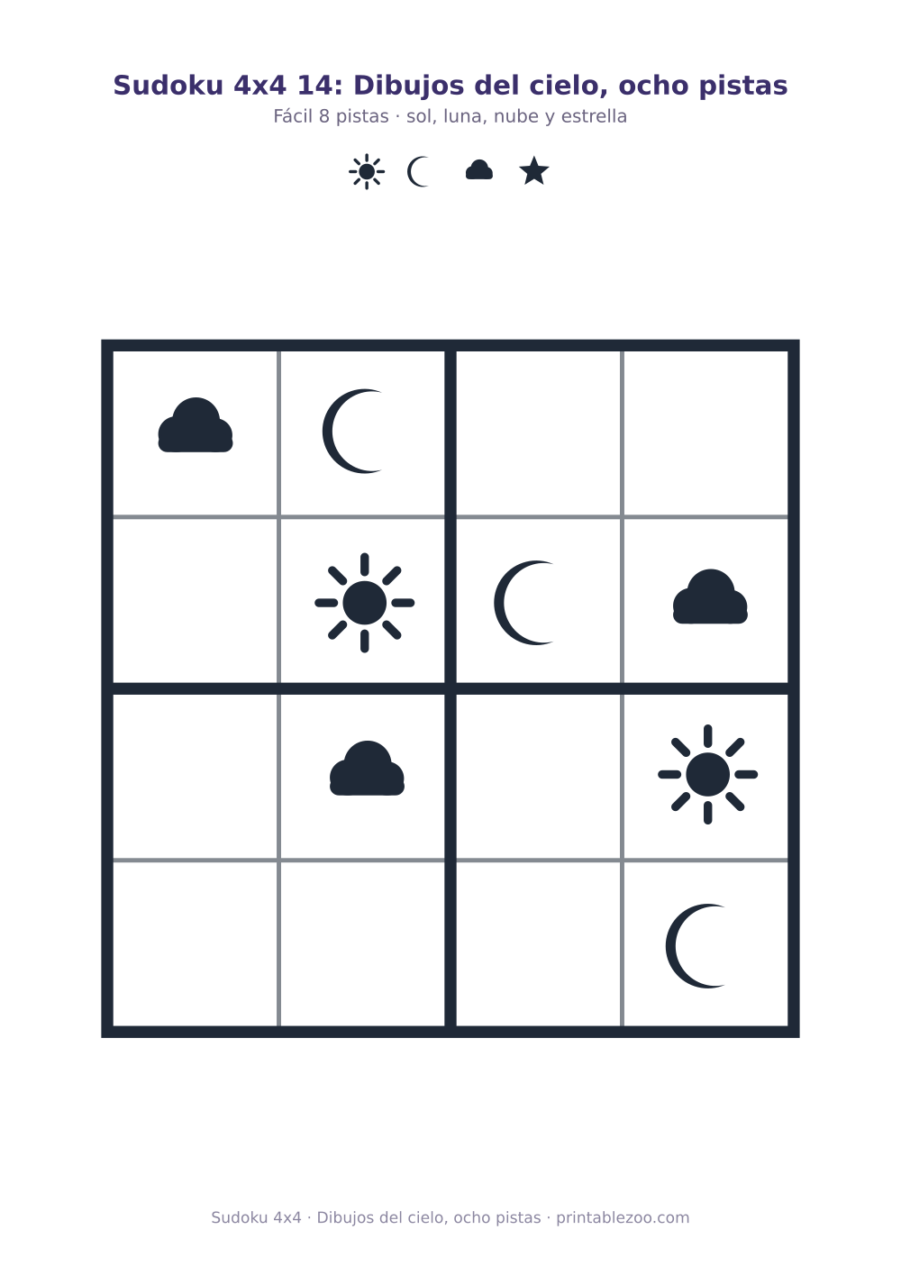 Sudoku 4x4 para imprimir con sol, luna, nube y estrella, dibujos del cielo, ocho pistas