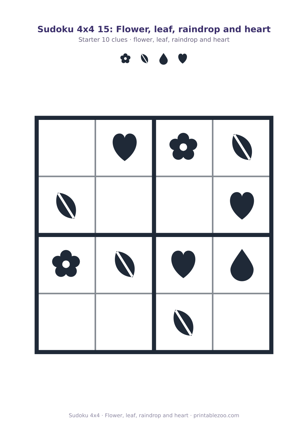 Printable 4x4 sudoku using flower, leaf, raindrop and heart, flower, leaf, raindrop and heart