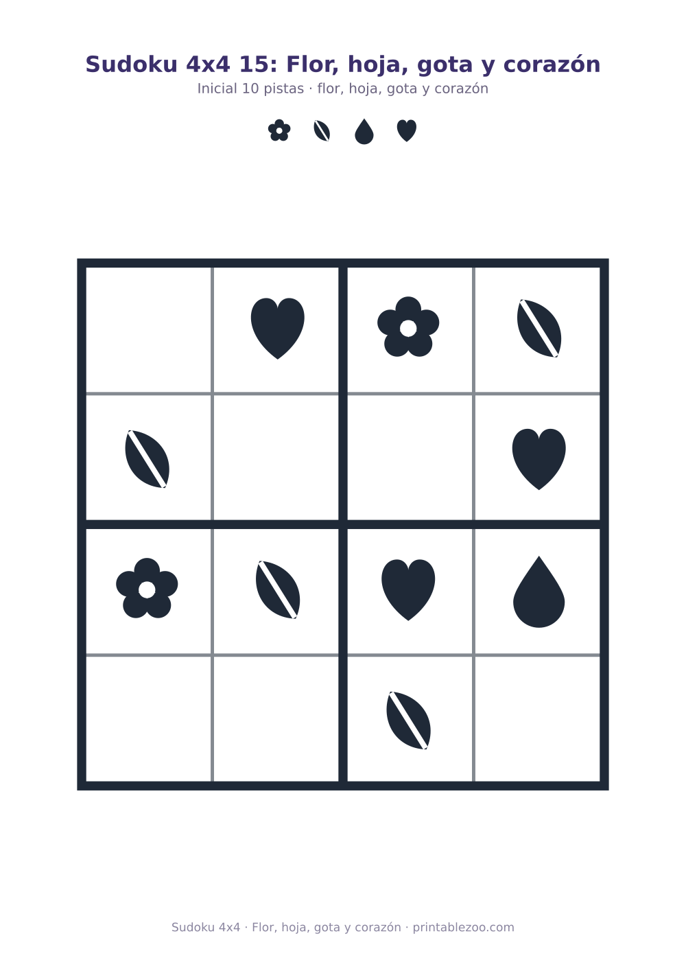 Sudoku 4x4 para imprimir con flor, hoja, gota y corazón, flor, hoja, gota y corazón