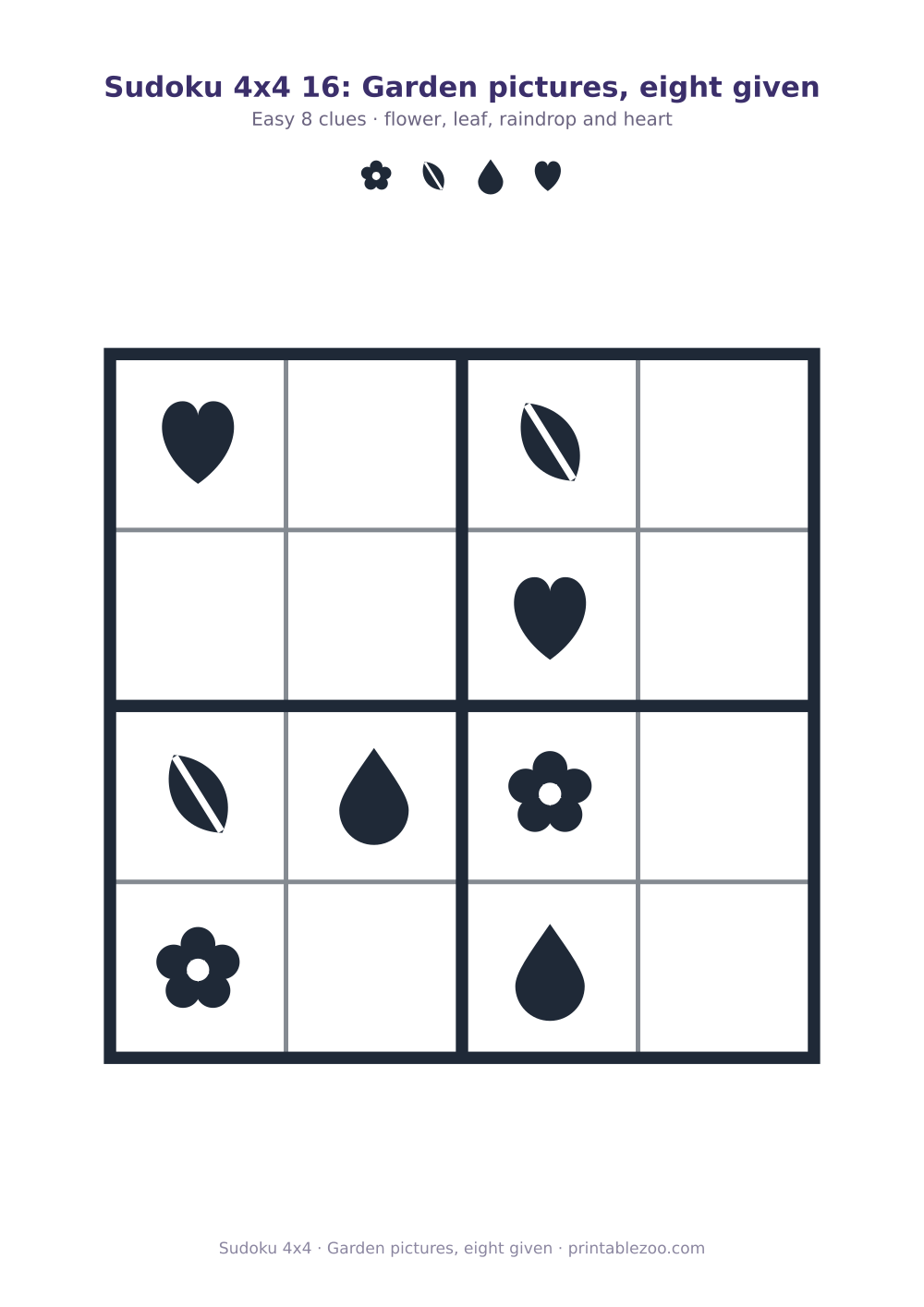 Printable 4x4 sudoku using flower, leaf, raindrop and heart, garden pictures, eight given