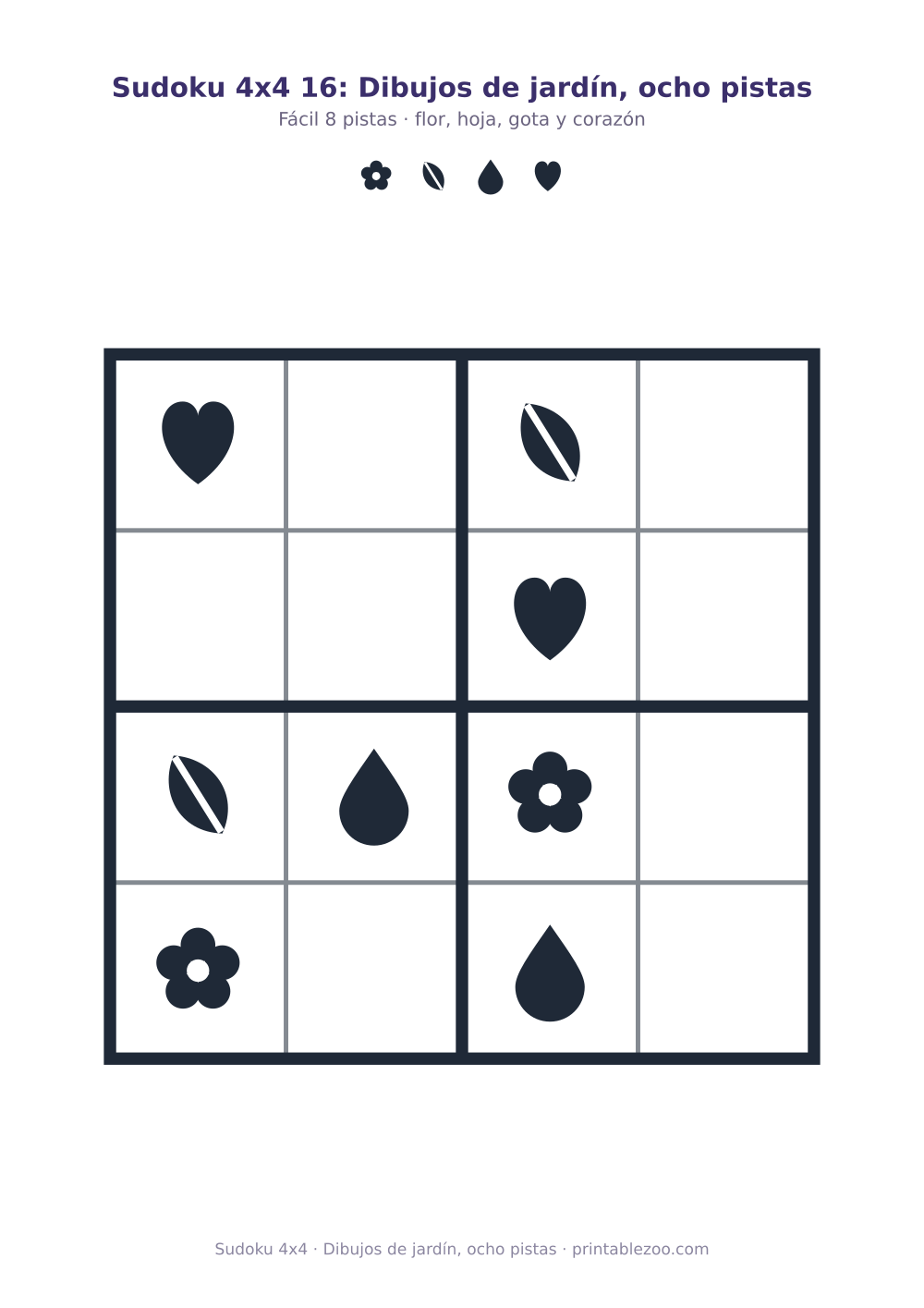 Sudoku 4x4 para imprimir con flor, hoja, gota y corazón, dibujos de jardín, ocho pistas