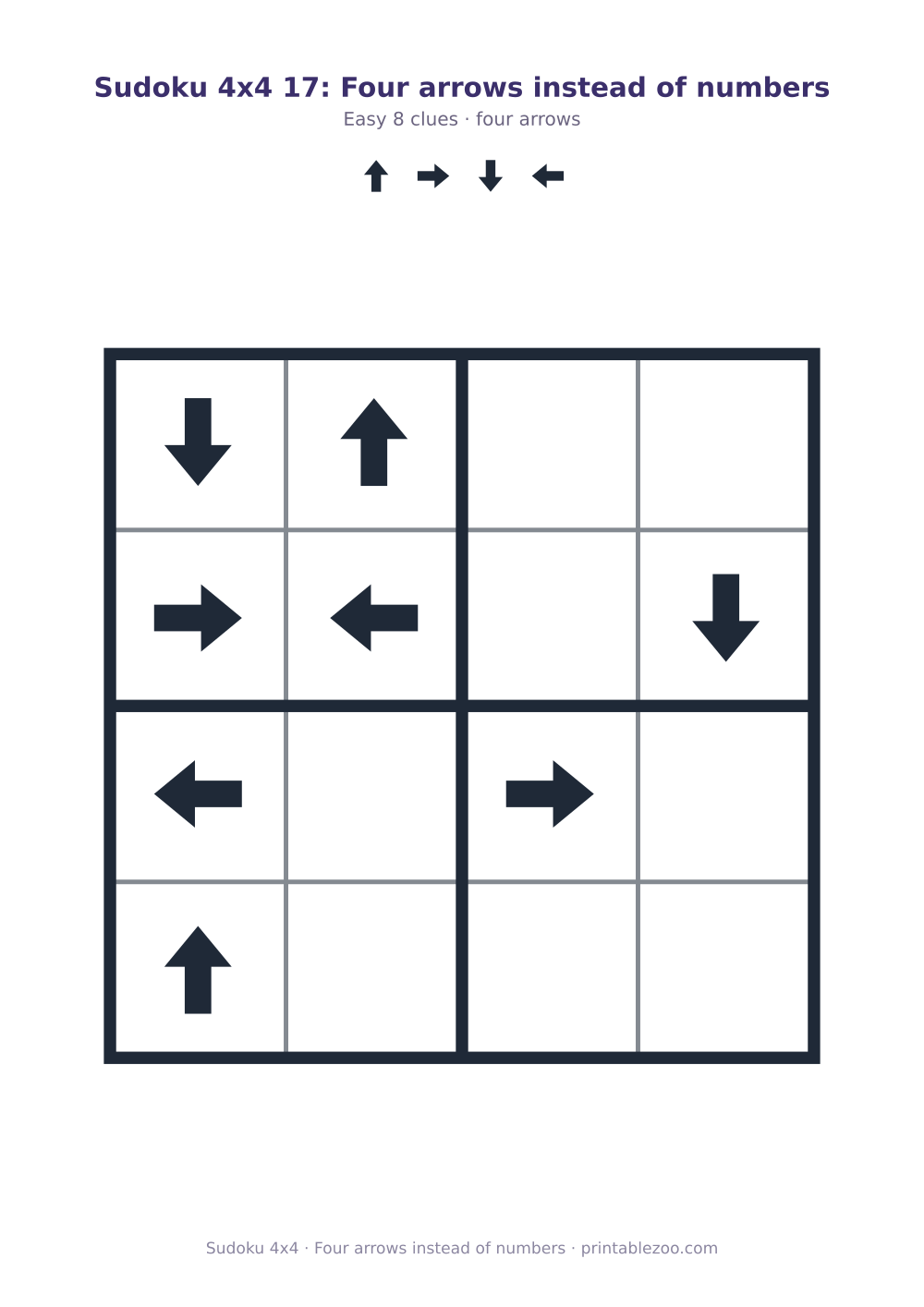 Printable 4x4 sudoku using four arrows, four arrows instead of numbers