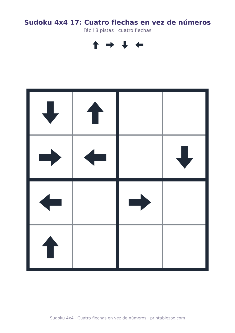 Sudoku 4x4 para imprimir con cuatro flechas, cuatro flechas en vez de números