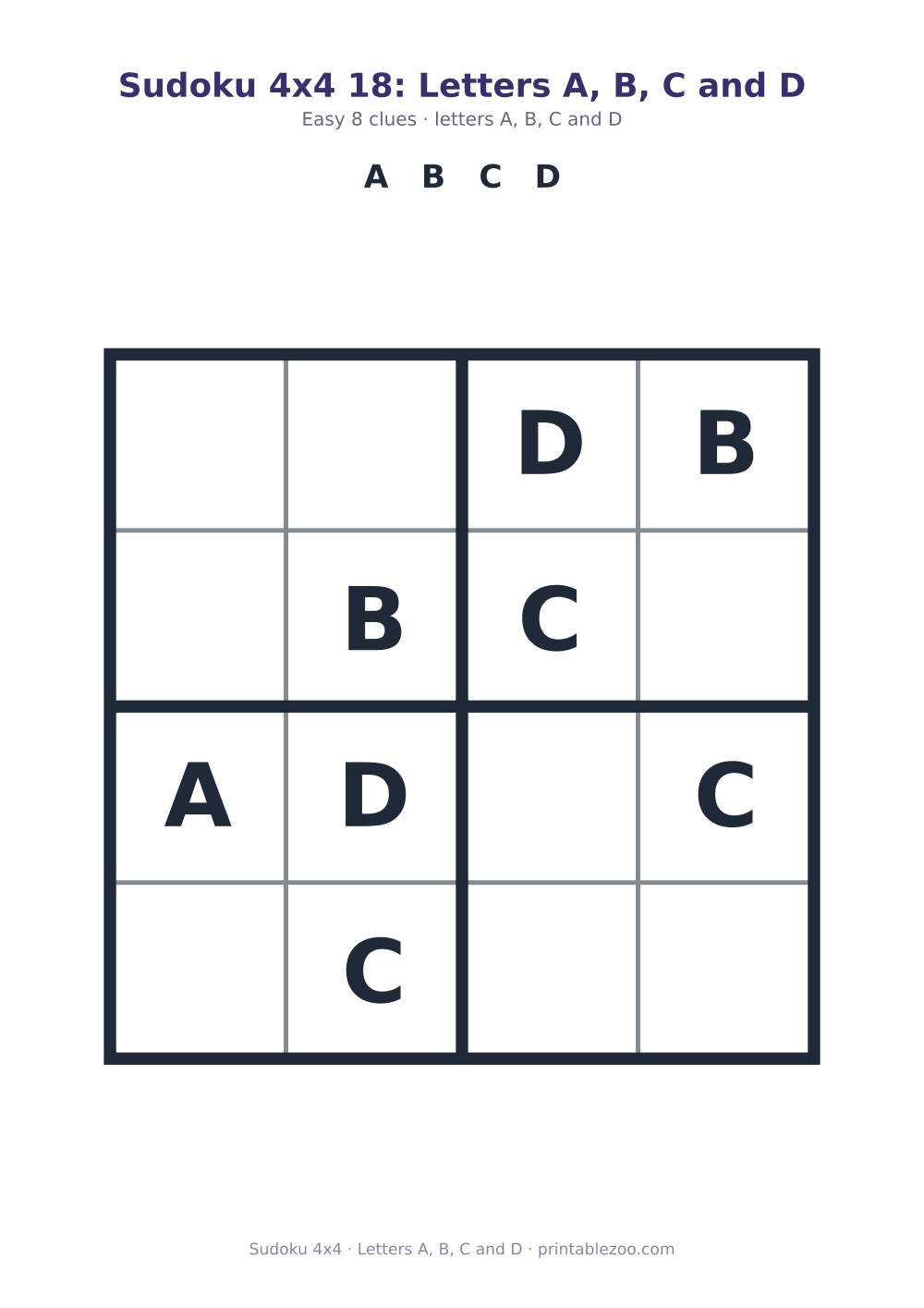 Printable 4x4 sudoku using letters A, B, C and D, letters A, B, C and D