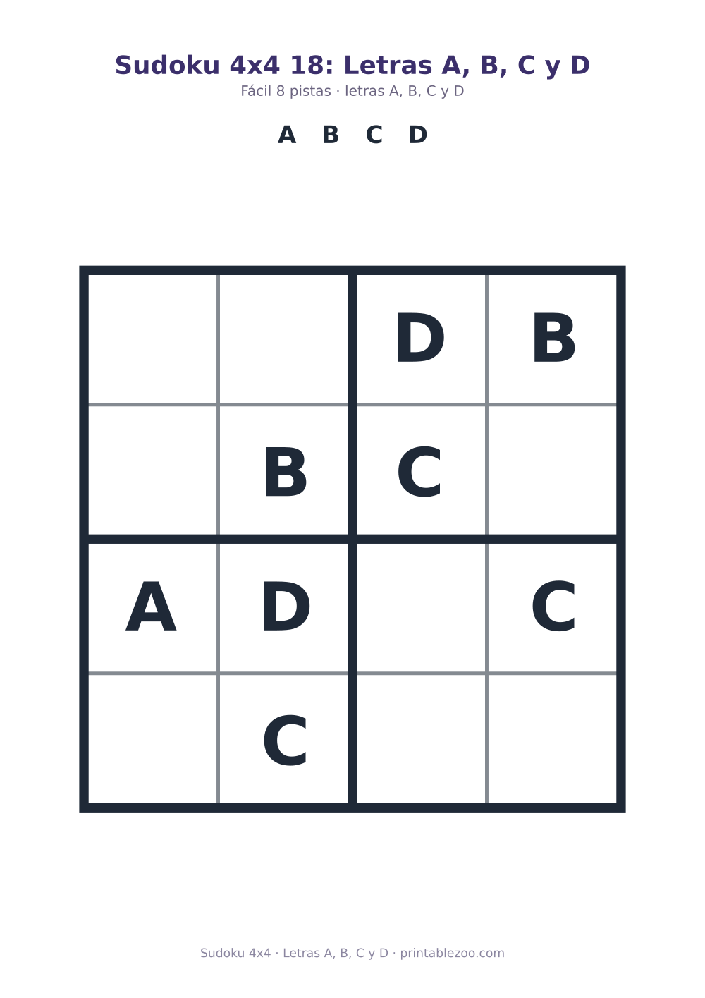 Sudoku 4x4 para imprimir con letras A, B, C y D, letras A, B, C y D