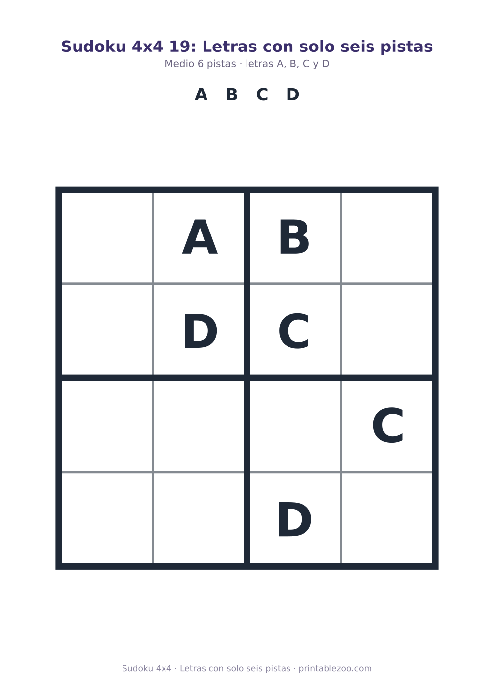 Sudoku 4x4 para imprimir con letras A, B, C y D, letras con solo seis pistas
