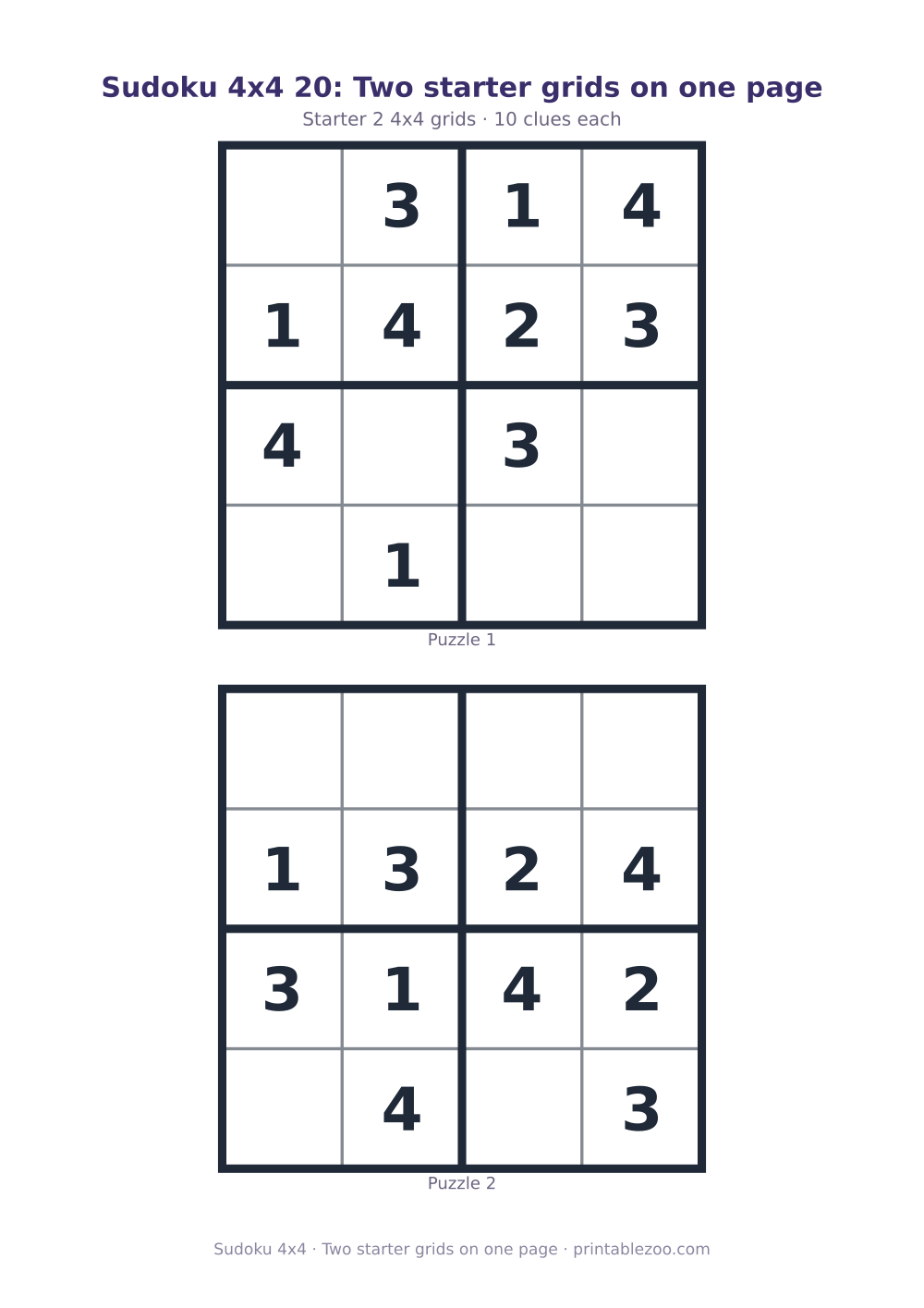 Printable sheet of 2 4x4 sudoku puzzles with 10 clues, two starter grids on one page