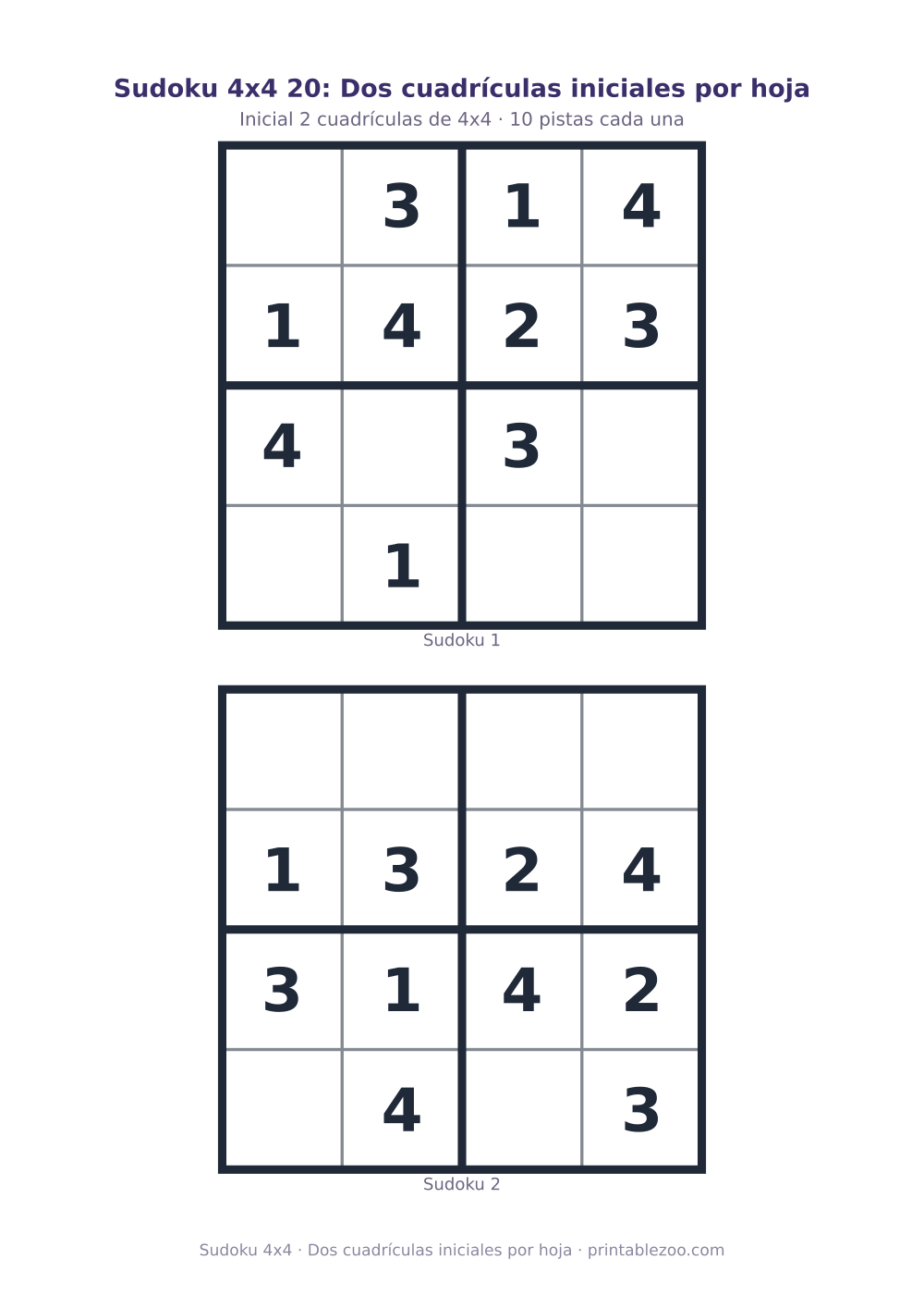 Hoja con 2 sudokus 4x4 para imprimir con 10 pistas, dos cuadrículas iniciales por hoja