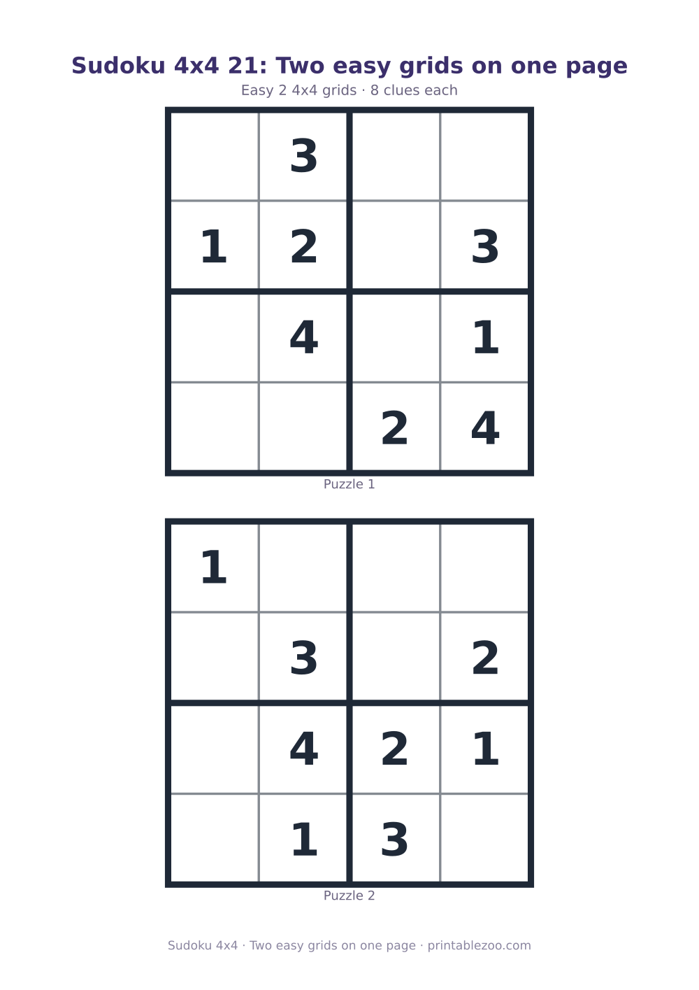 Printable sheet of 2 4x4 sudoku puzzles with 8 clues, two easy grids on one page