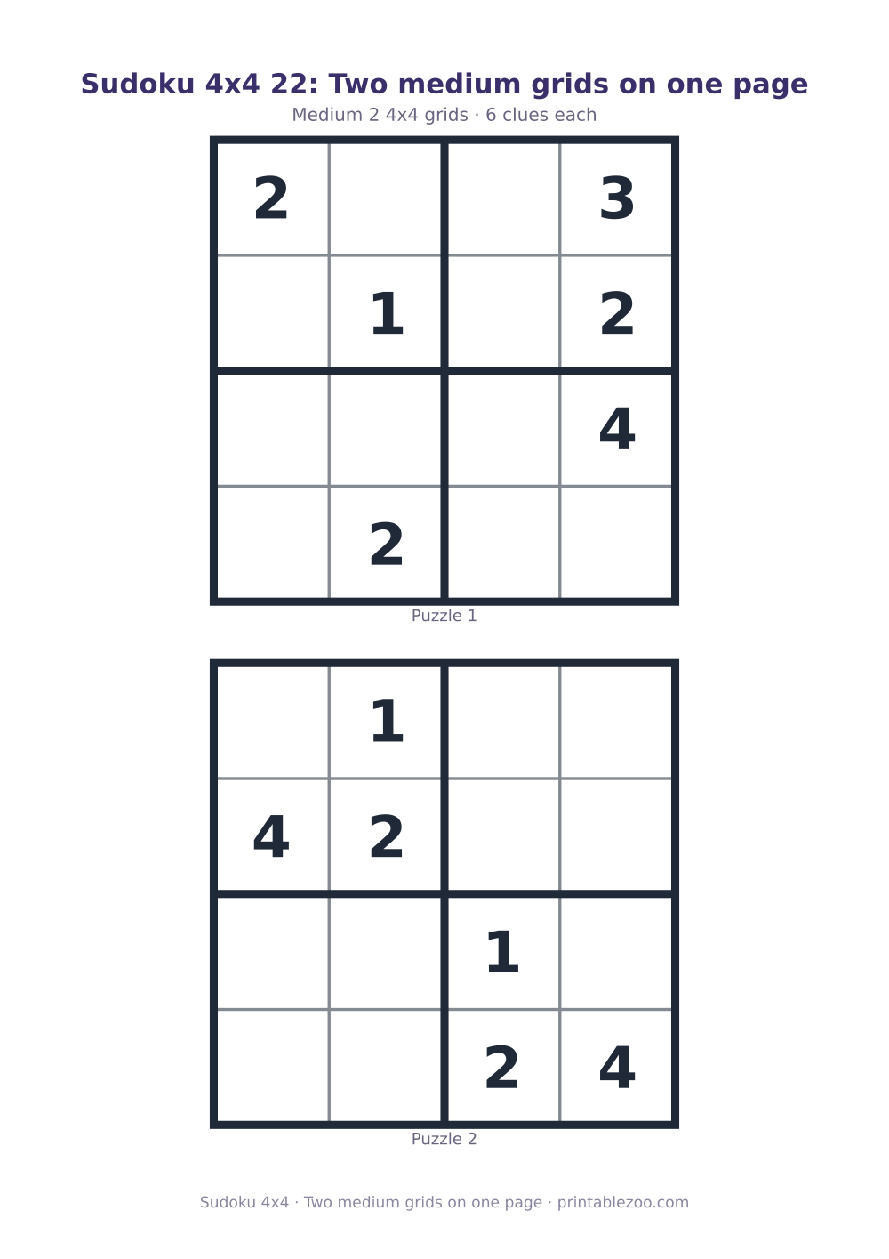 Printable sheet of 2 4x4 sudoku puzzles with 6 clues, two medium grids on one page