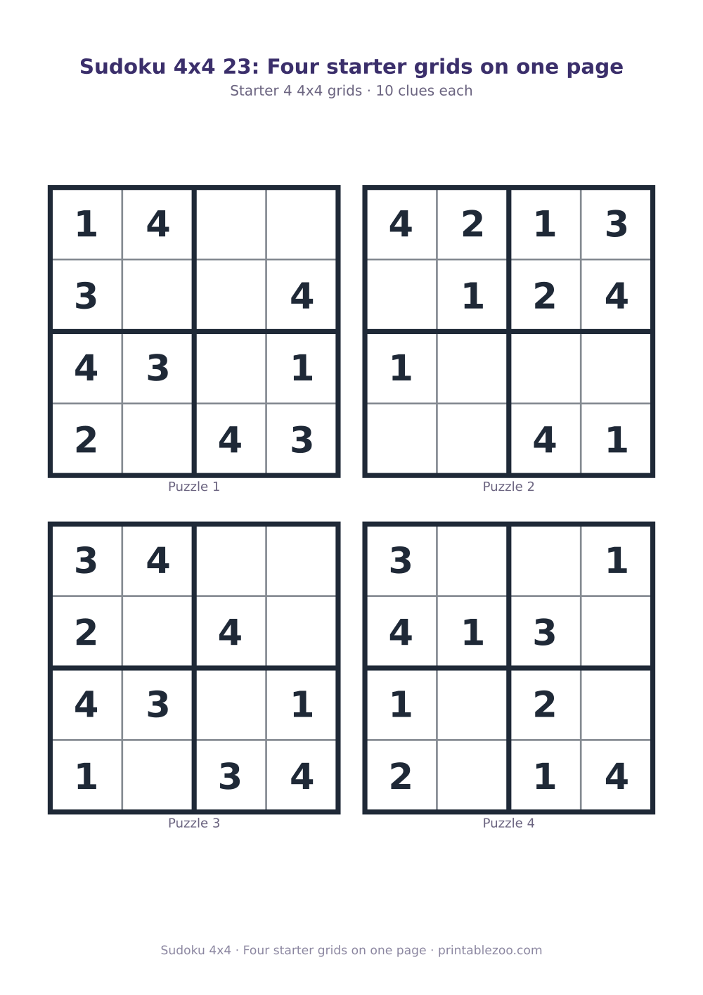 Printable sheet of 4 4x4 sudoku puzzles with 10 clues, four starter grids on one page