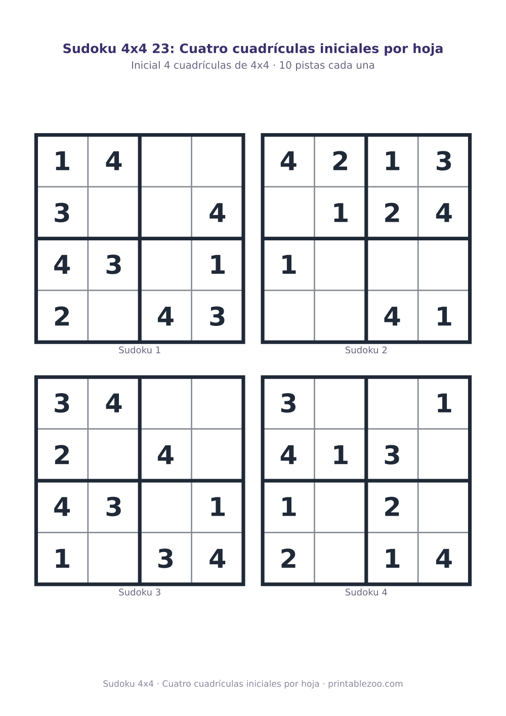 Hoja con 4 sudokus 4x4 para imprimir con 10 pistas, cuatro cuadrículas iniciales por hoja