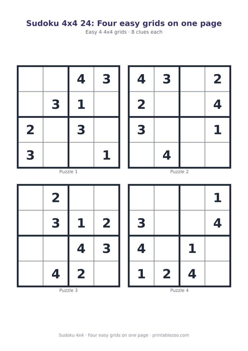 Printable sheet of 4 4x4 sudoku puzzles with 8 clues, four easy grids on one page