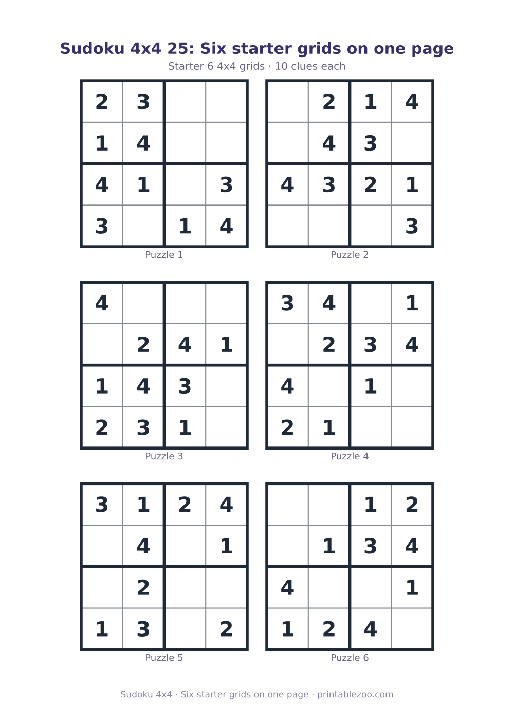 Printable sheet of 6 4x4 sudoku puzzles with 10 clues, six starter grids on one page