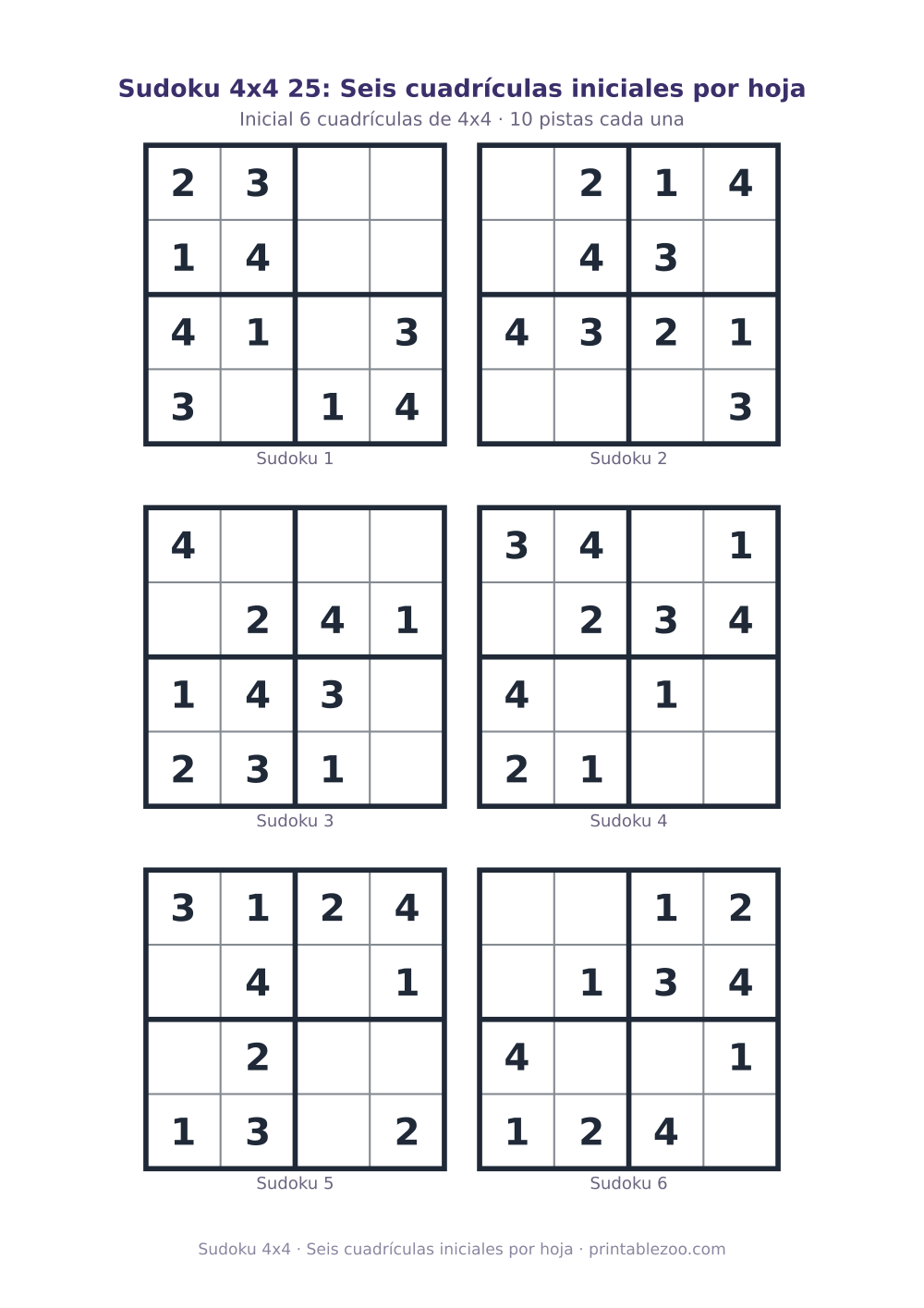 Hoja con 6 sudokus 4x4 para imprimir con 10 pistas, seis cuadrículas iniciales por hoja