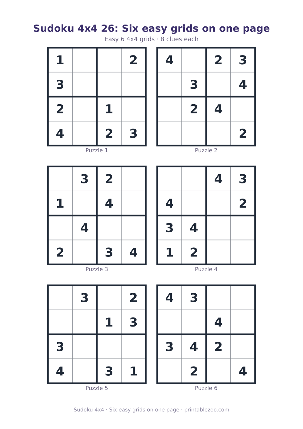 Printable sheet of 6 4x4 sudoku puzzles with 8 clues, six easy grids on one page
