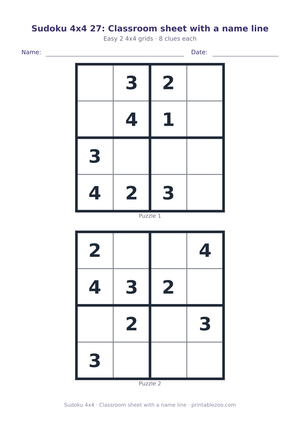 Printable sheet of 2 4x4 sudoku puzzles with 8 clues, classroom sheet with a name line