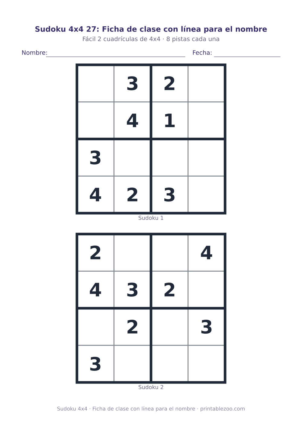 Hoja con 2 sudokus 4x4 para imprimir con 8 pistas, ficha de clase con línea para el nombre
