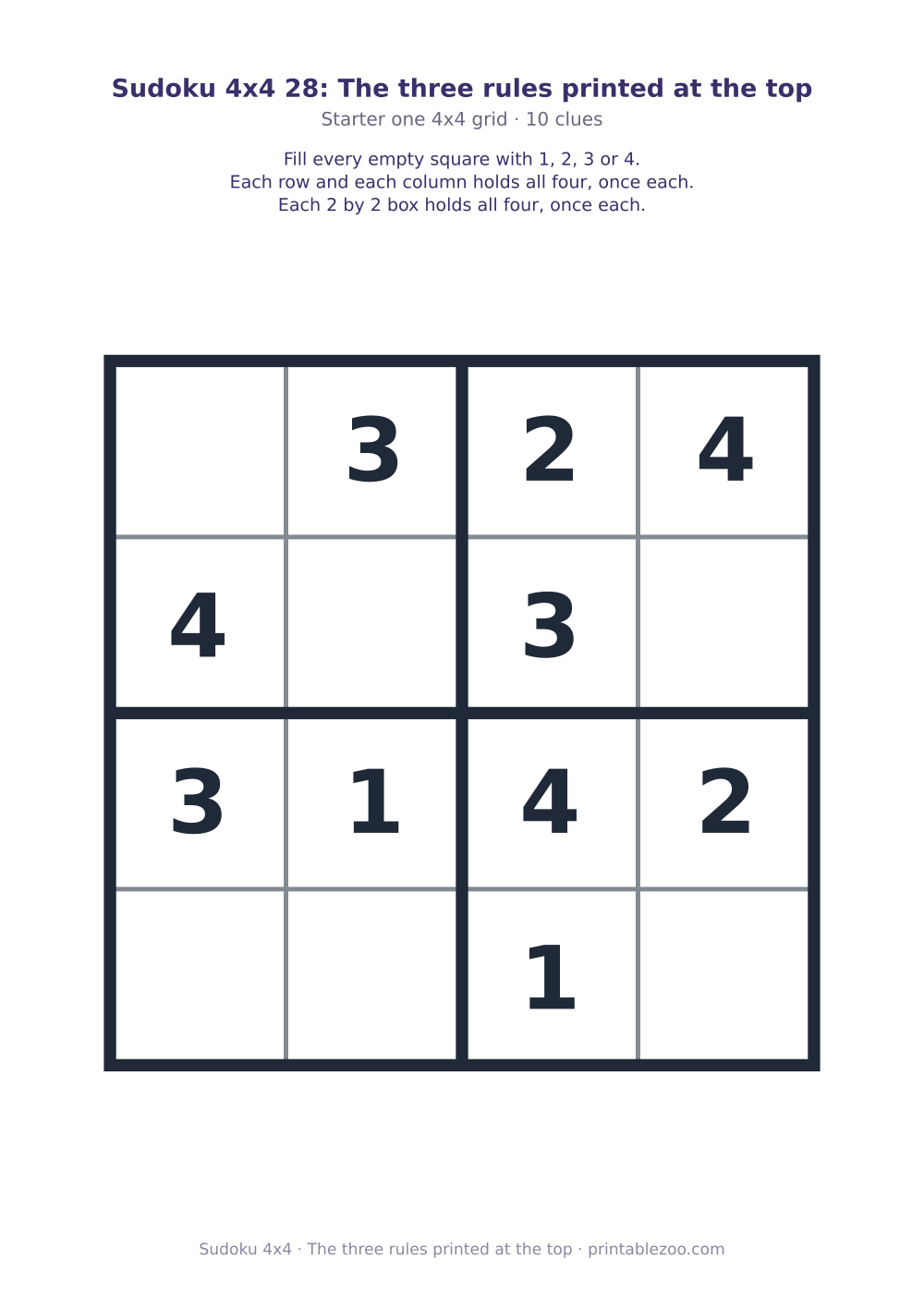 Printable 4x4 sudoku with 10 clues, the three rules printed at the top