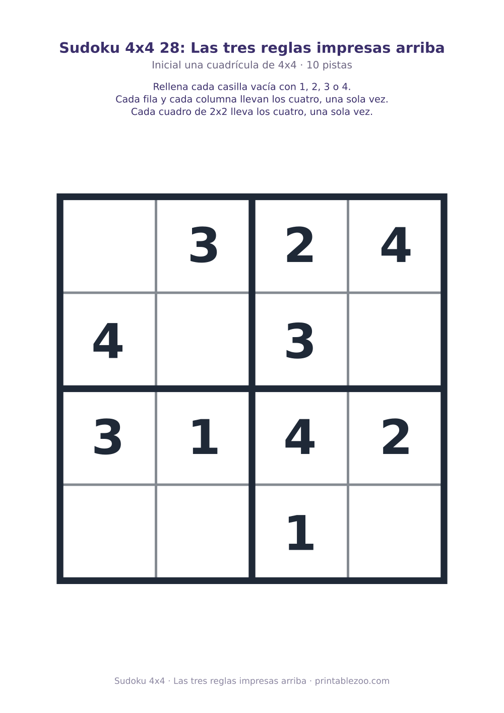 Sudoku 4x4 para imprimir con 10 pistas, las tres reglas impresas arriba