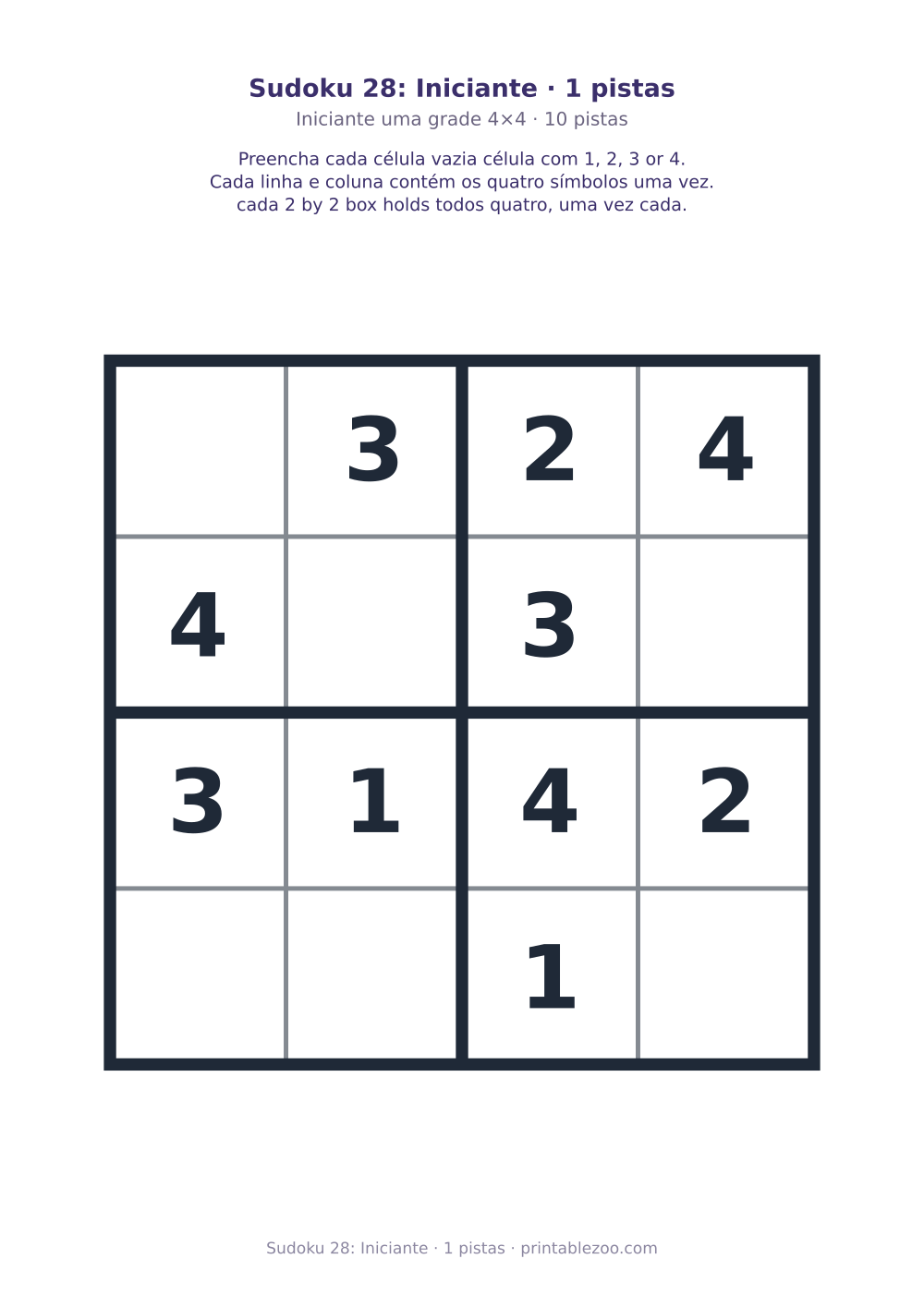 Prévia pronta para imprimir: Sudoku 28: Iniciante · 1 pistas, catálogo nº 230128