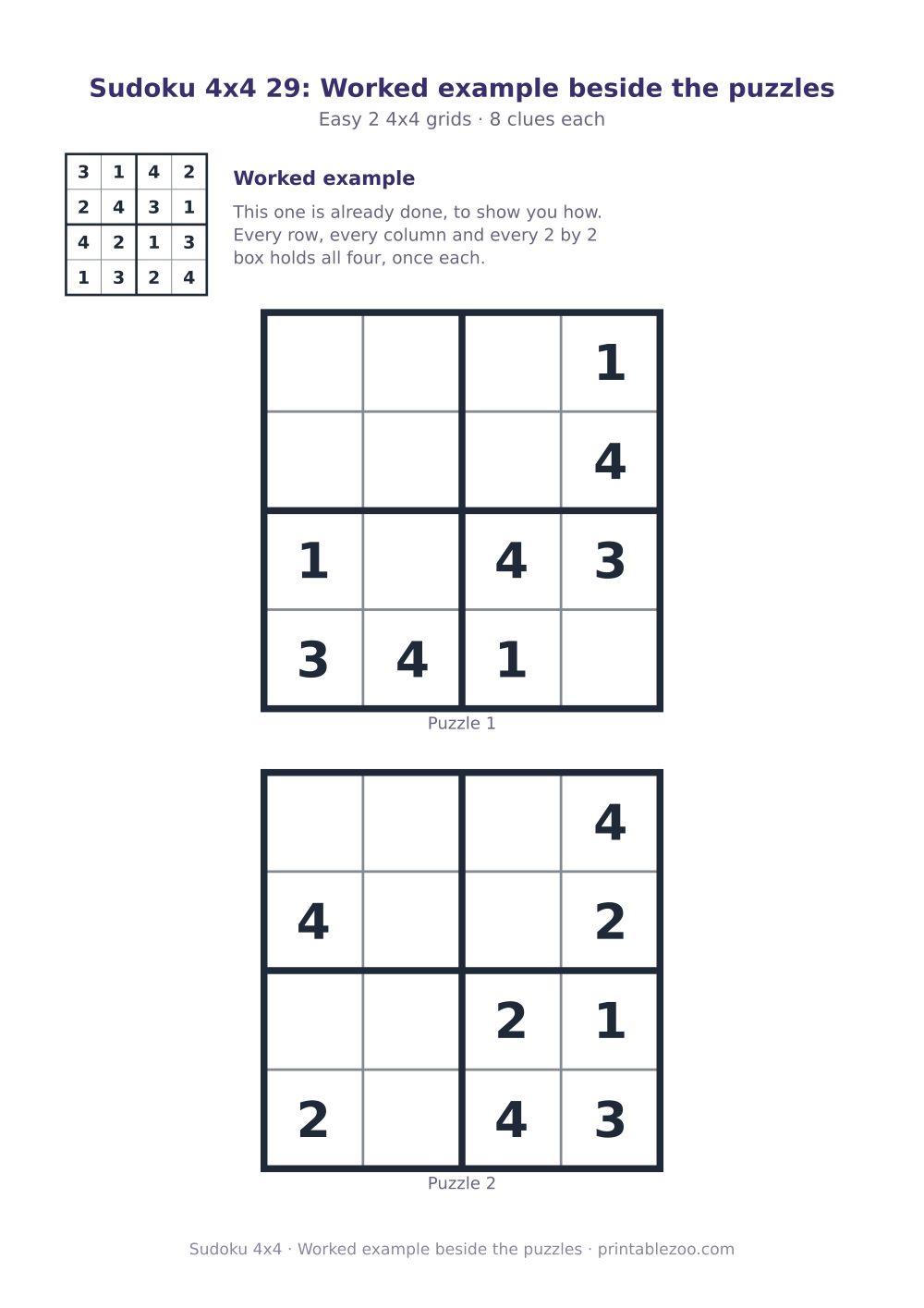 Printable sheet of 2 4x4 sudoku puzzles with 8 clues, worked example beside the puzzles