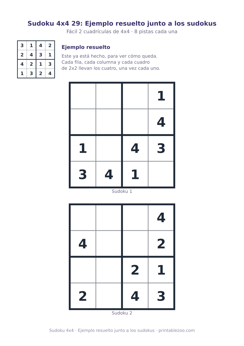 Hoja con 2 sudokus 4x4 para imprimir con 8 pistas, ejemplo resuelto junto a los sudokus