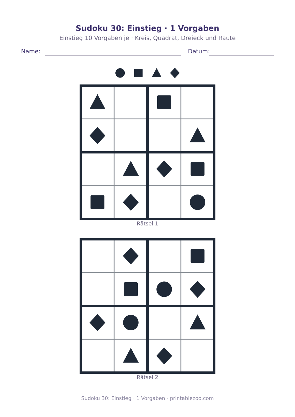 Sudoku 30: Einstieg · 1 Vorgaben als druckfertige Vorschau, Katalognummer 230130