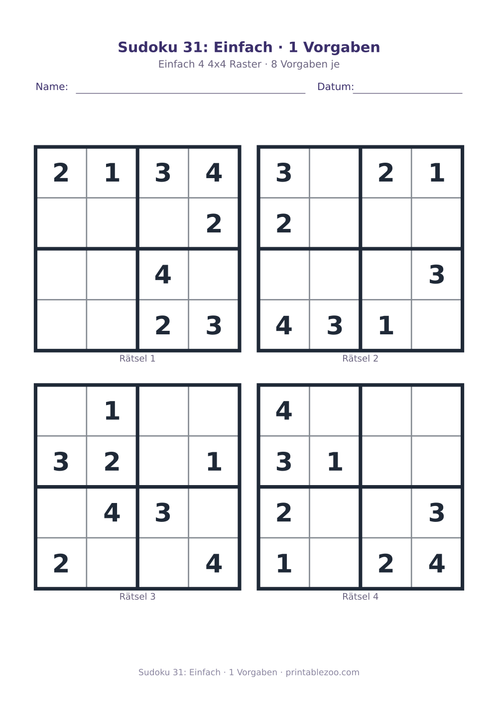 Sudoku 31: Einfach · 1 Vorgaben als druckfertige Vorschau, Katalognummer 230131