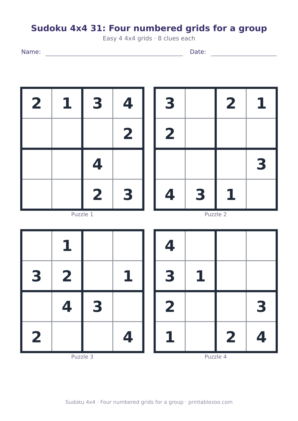 Printable sheet of 4 4x4 sudoku puzzles with 8 clues, four numbered grids for a group