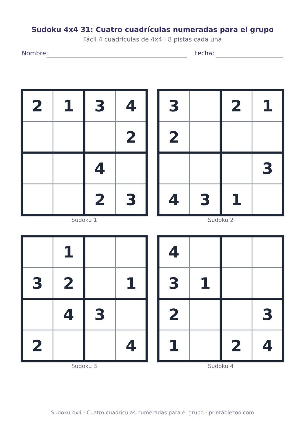 Hoja con 4 sudokus 4x4 para imprimir con 8 pistas, cuatro cuadrículas numeradas para el grupo