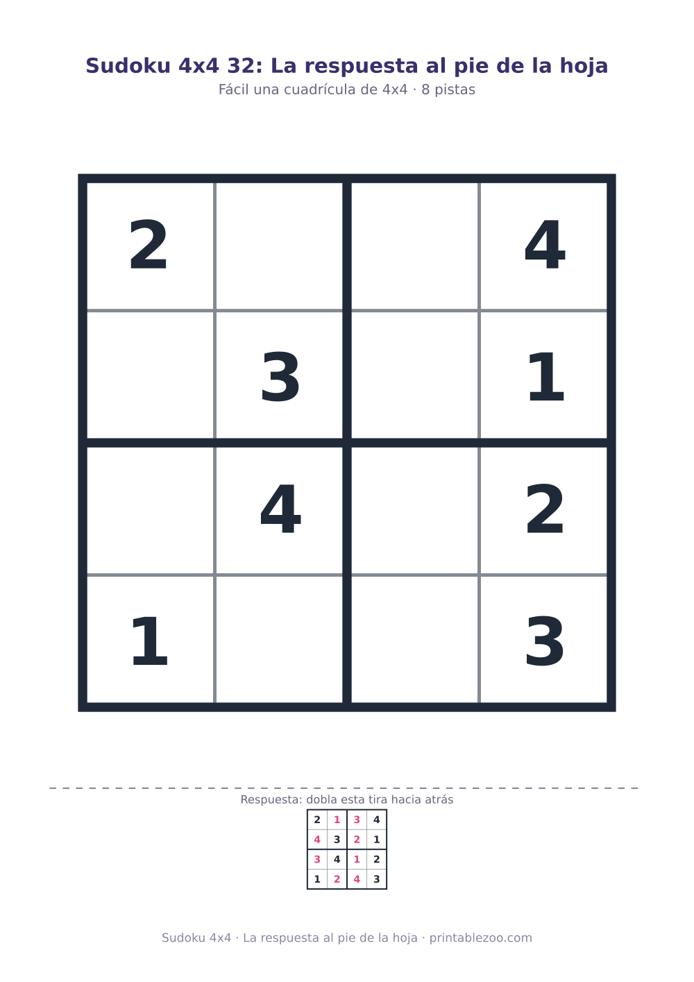 Sudoku 4x4 para imprimir con 8 pistas, la respuesta al pie de la hoja