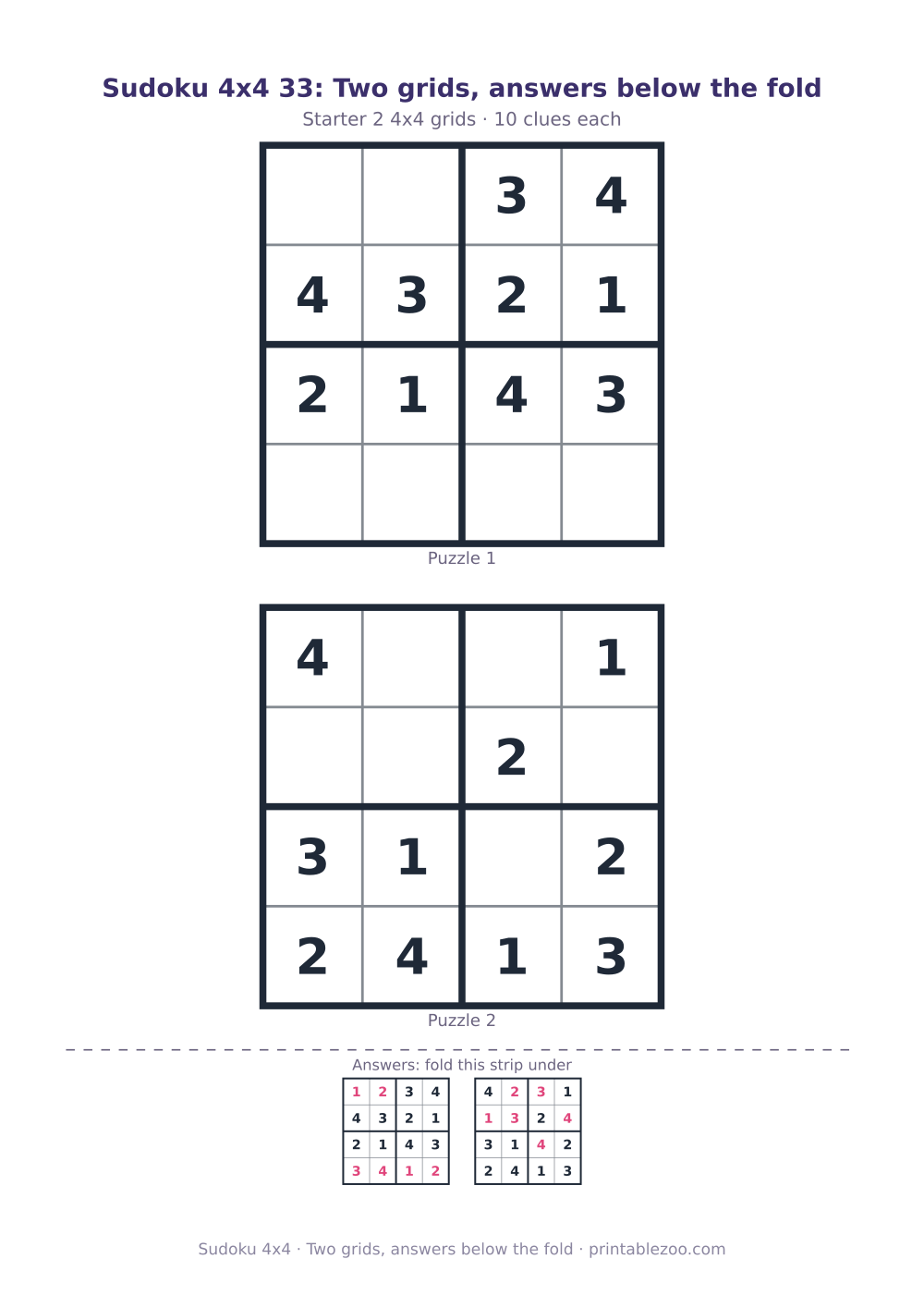 Printable sheet of 2 4x4 sudoku puzzles with 10 clues, two grids, answers below the fold
