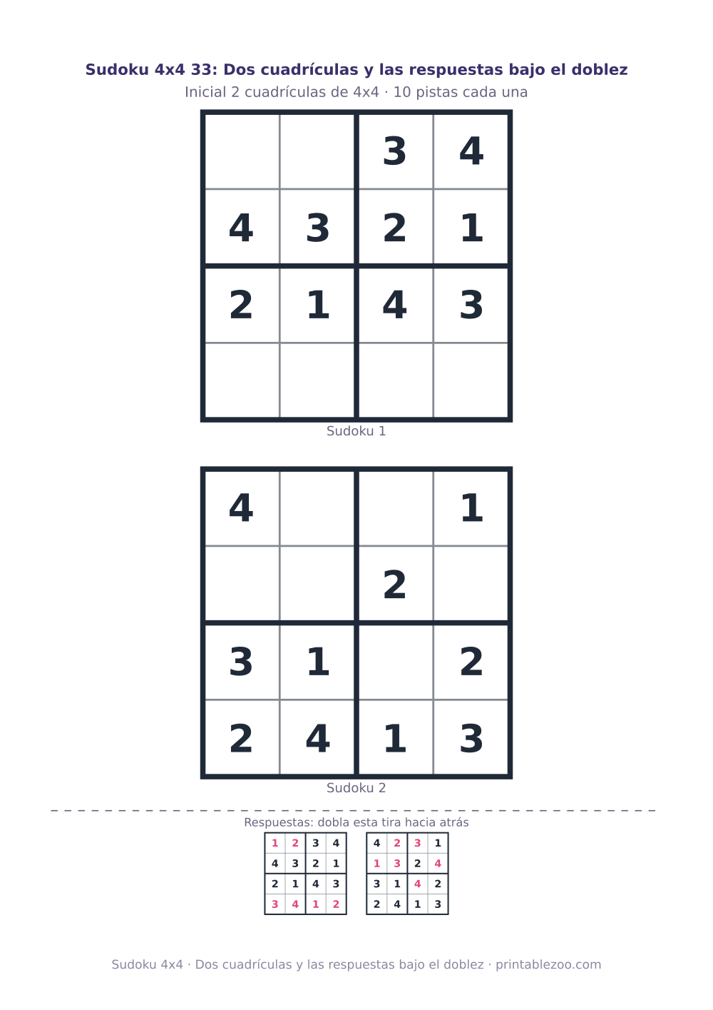 Hoja con 2 sudokus 4x4 para imprimir con 10 pistas, dos cuadrículas y las respuestas bajo el doblez