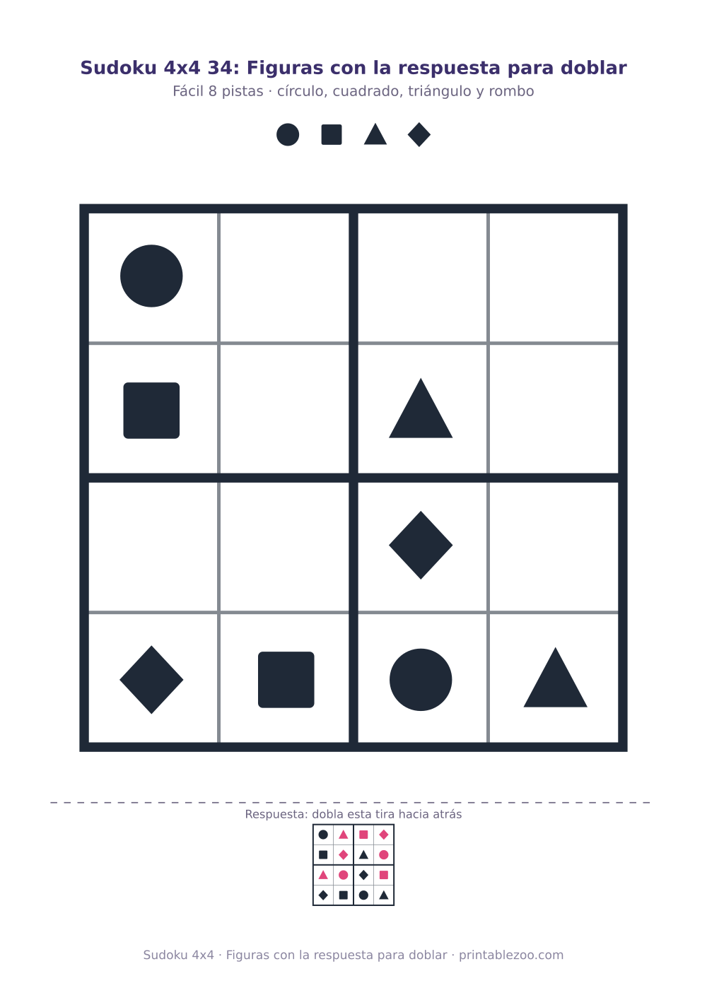 Sudoku 4x4 para imprimir con círculo, cuadrado, triángulo y rombo, figuras con la respuesta para doblar