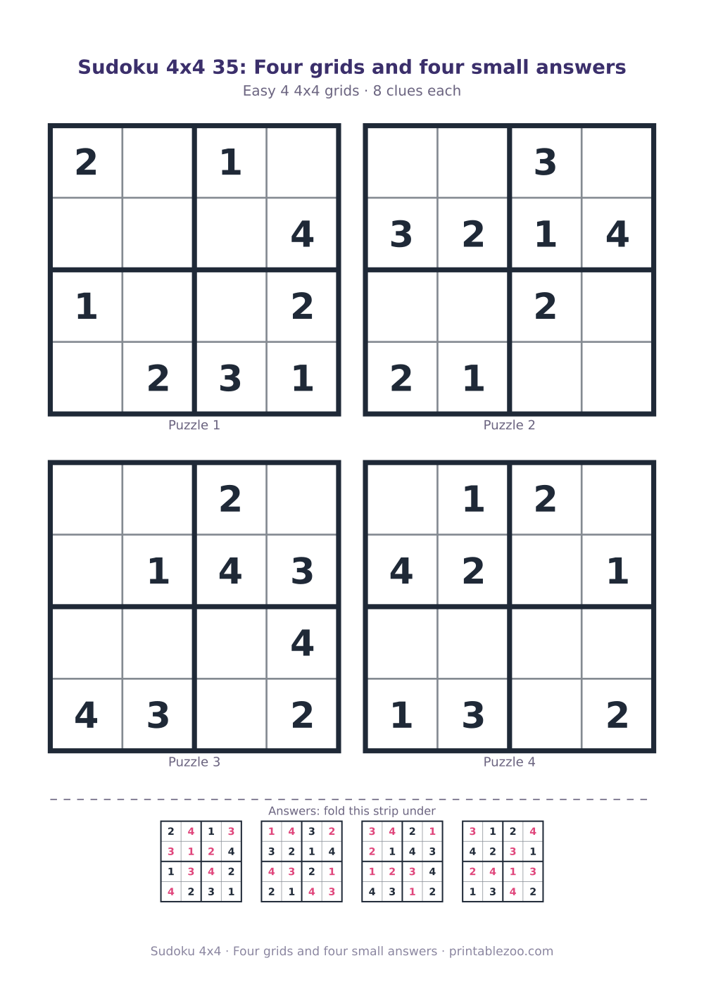 Printable sheet of 4 4x4 sudoku puzzles with 8 clues, four grids and four small answers