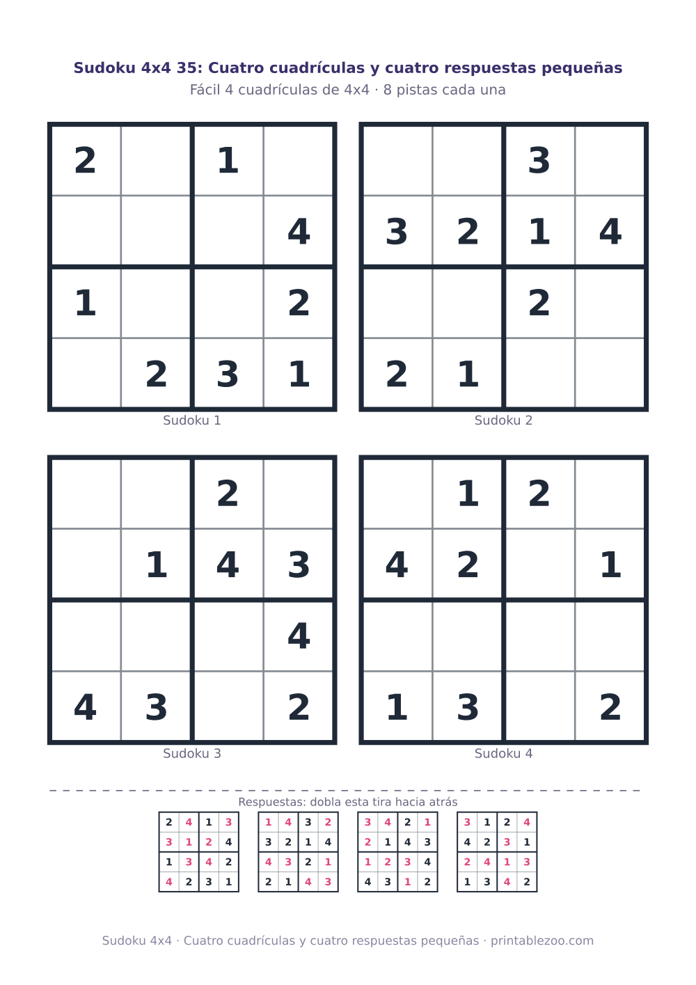 Hoja con 4 sudokus 4x4 para imprimir con 8 pistas, cuatro cuadrículas y cuatro respuestas pequeñas